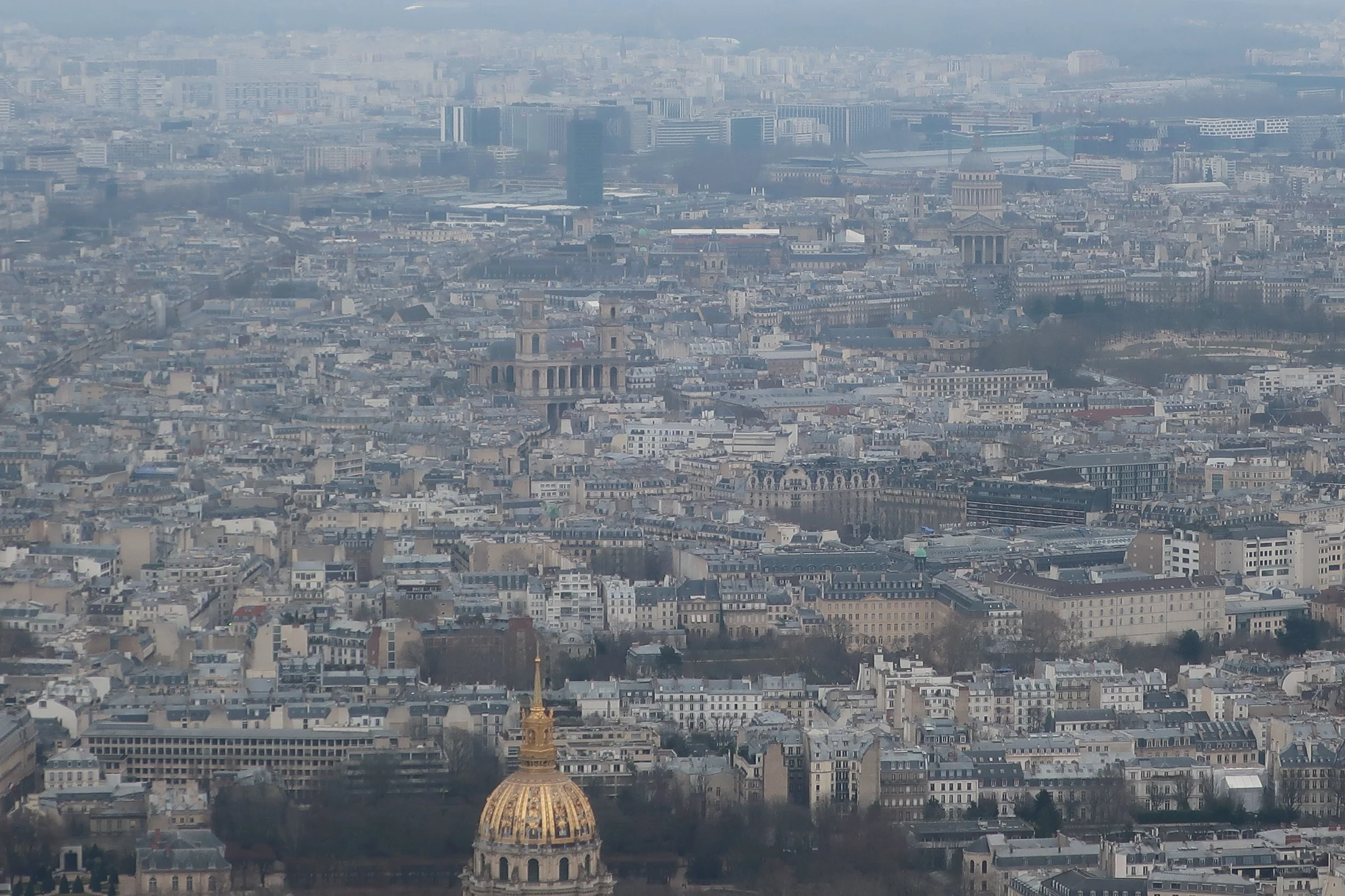  Paris--Eiffel Tower Spring 2025--View from top (1000 feet)--St. Suplice and the Parthenon and the dome of Les Invalides in front 