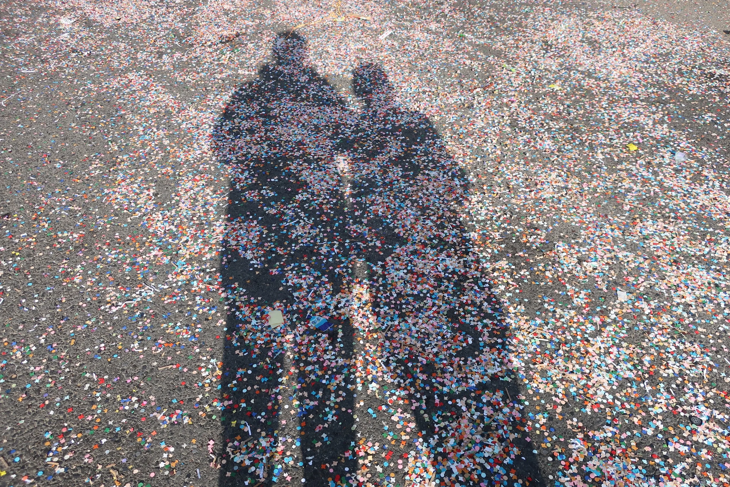  Luxembourg 2025--Remich Cavalcade Celebration--After the parade, the confetti with Carrol and Karl Kindel 