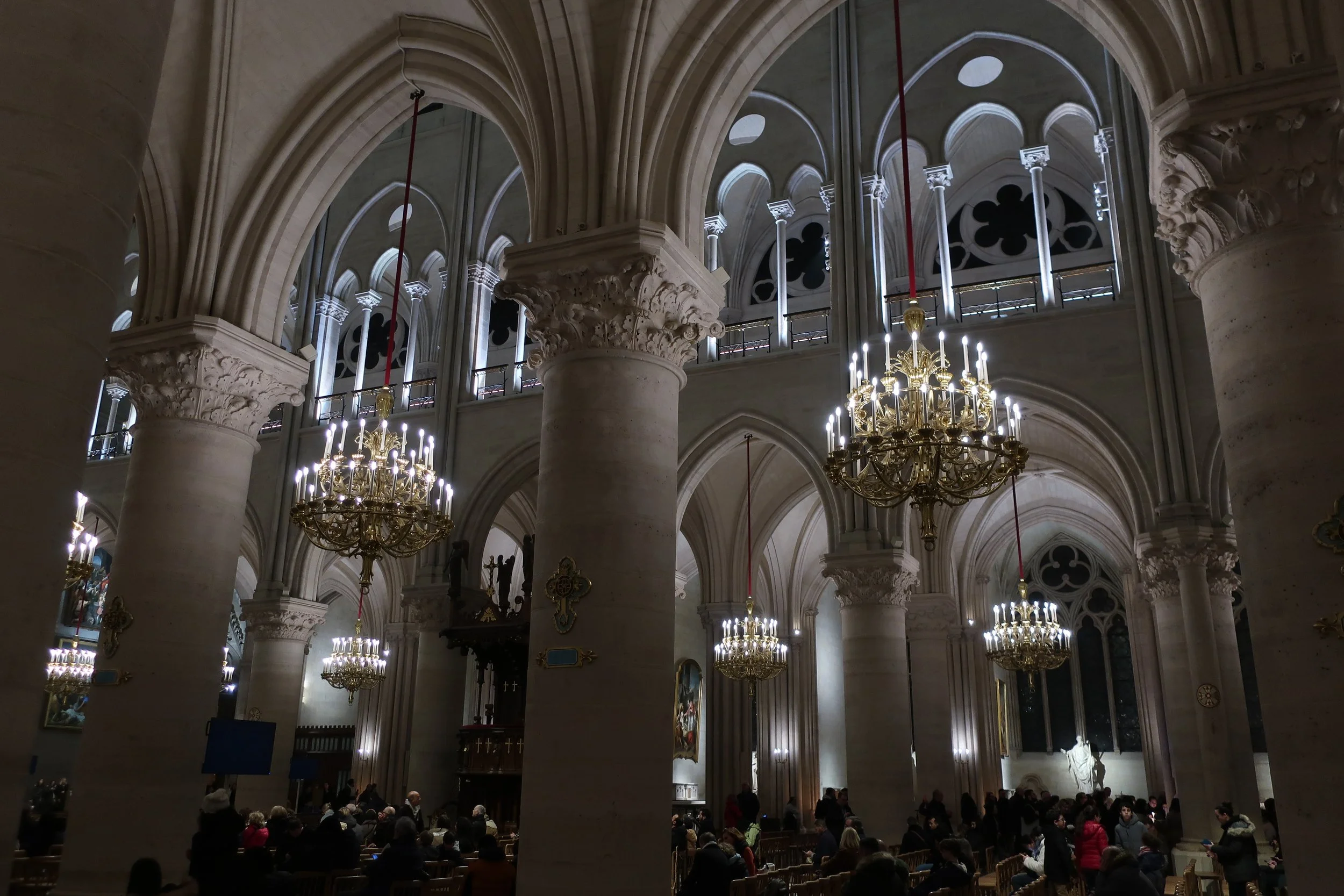  Paris--Spring 2025--Notre Dame Nave with chandeliers 