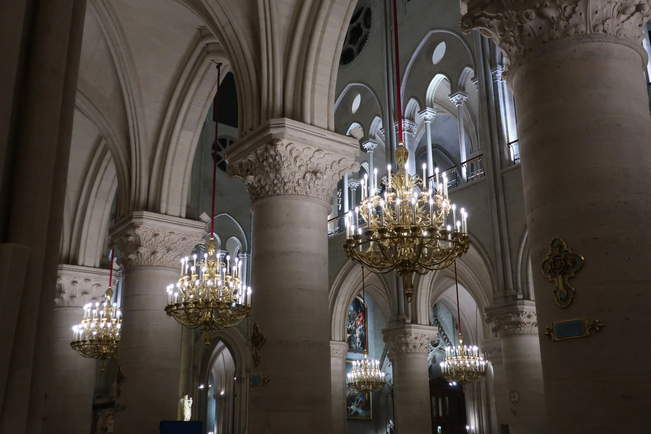  Paris--Spring 2025--Notre Dame Nave with chandeliers 