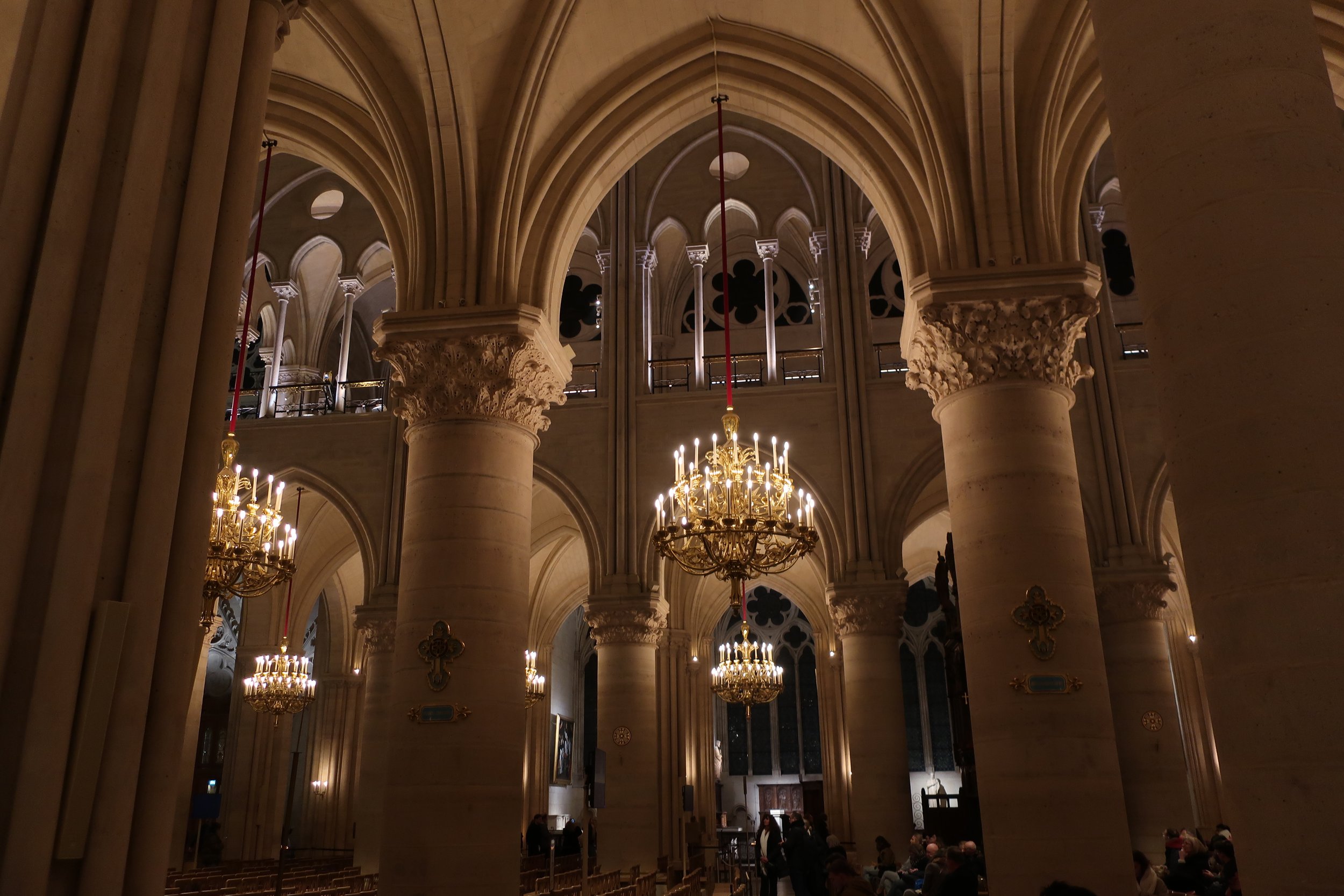  Paris--Spring 2025--Notre Dame Nave with chandeliers 