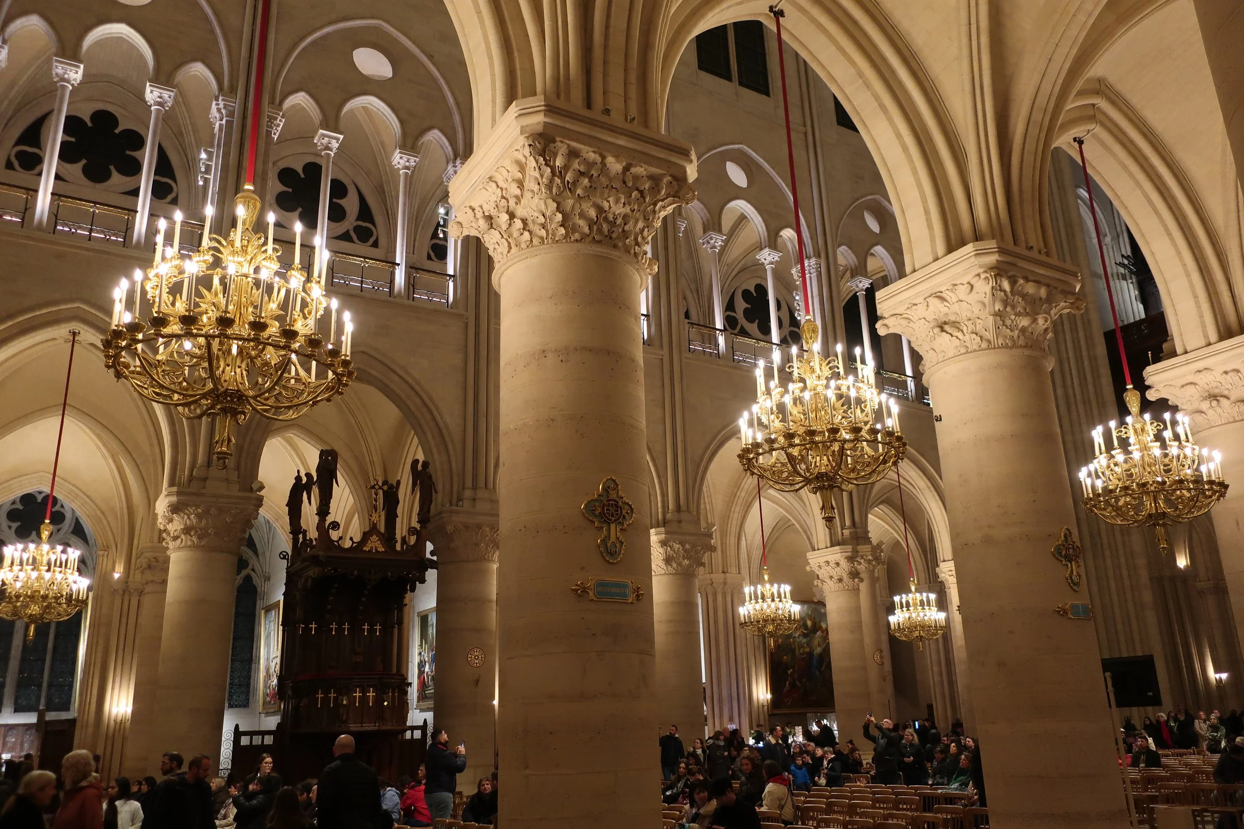  Paris--Spring 2025--Notre Dame, The Nave with Chandeliers 