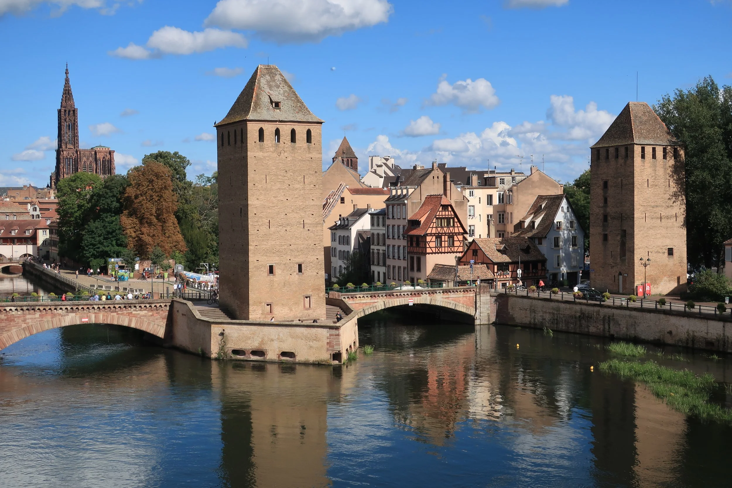  France--Strasbourg 2025--Petite France neighborhood of Strasbourg, from the Barrage (Dam) with the old wall towers and Notre Dame cathedral 
