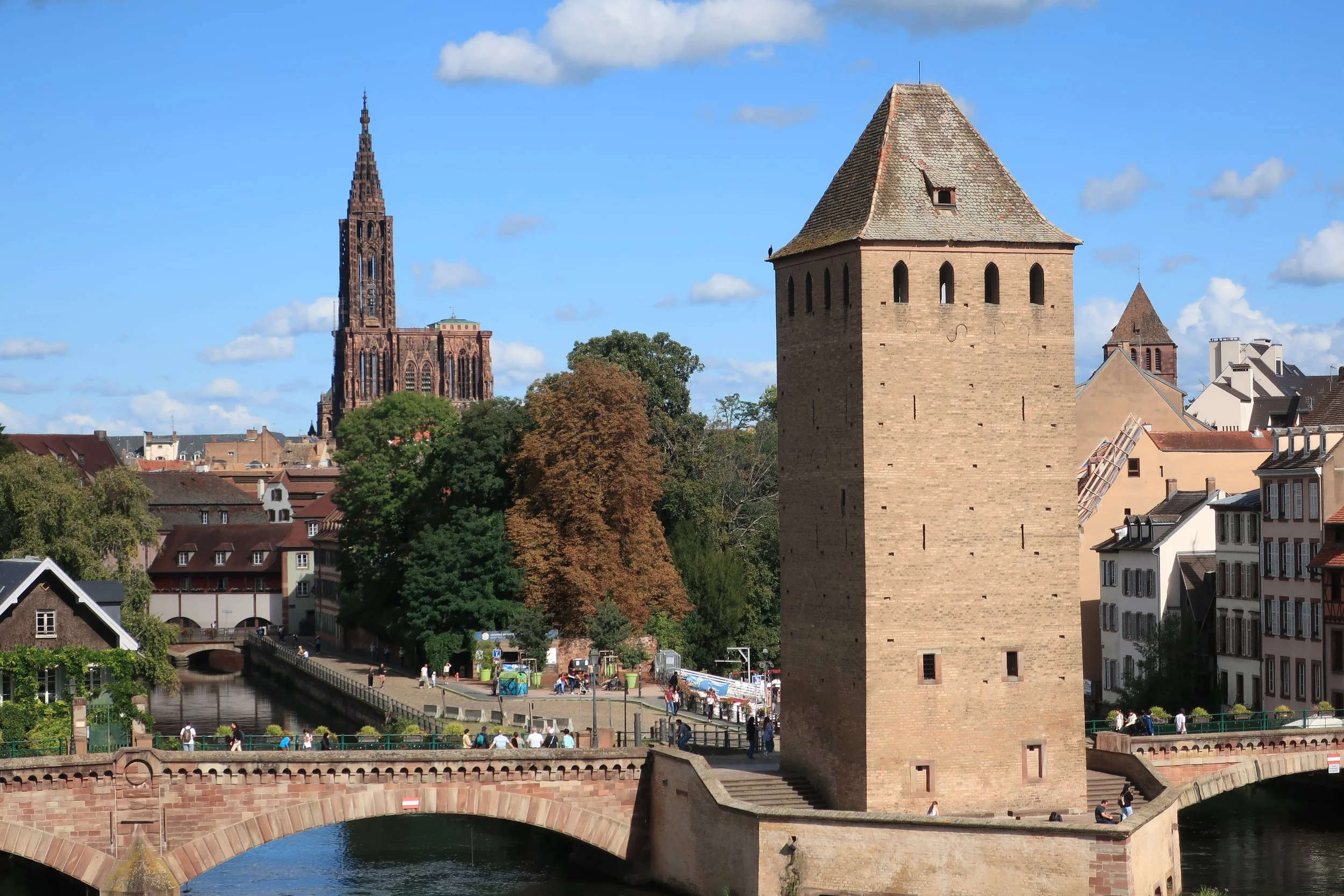  France--Strasbourg 2025--Petite France neighborhood of Strasbourg, from the Barrage (Dam) with the old wall towers and Notre Dame cathedral 