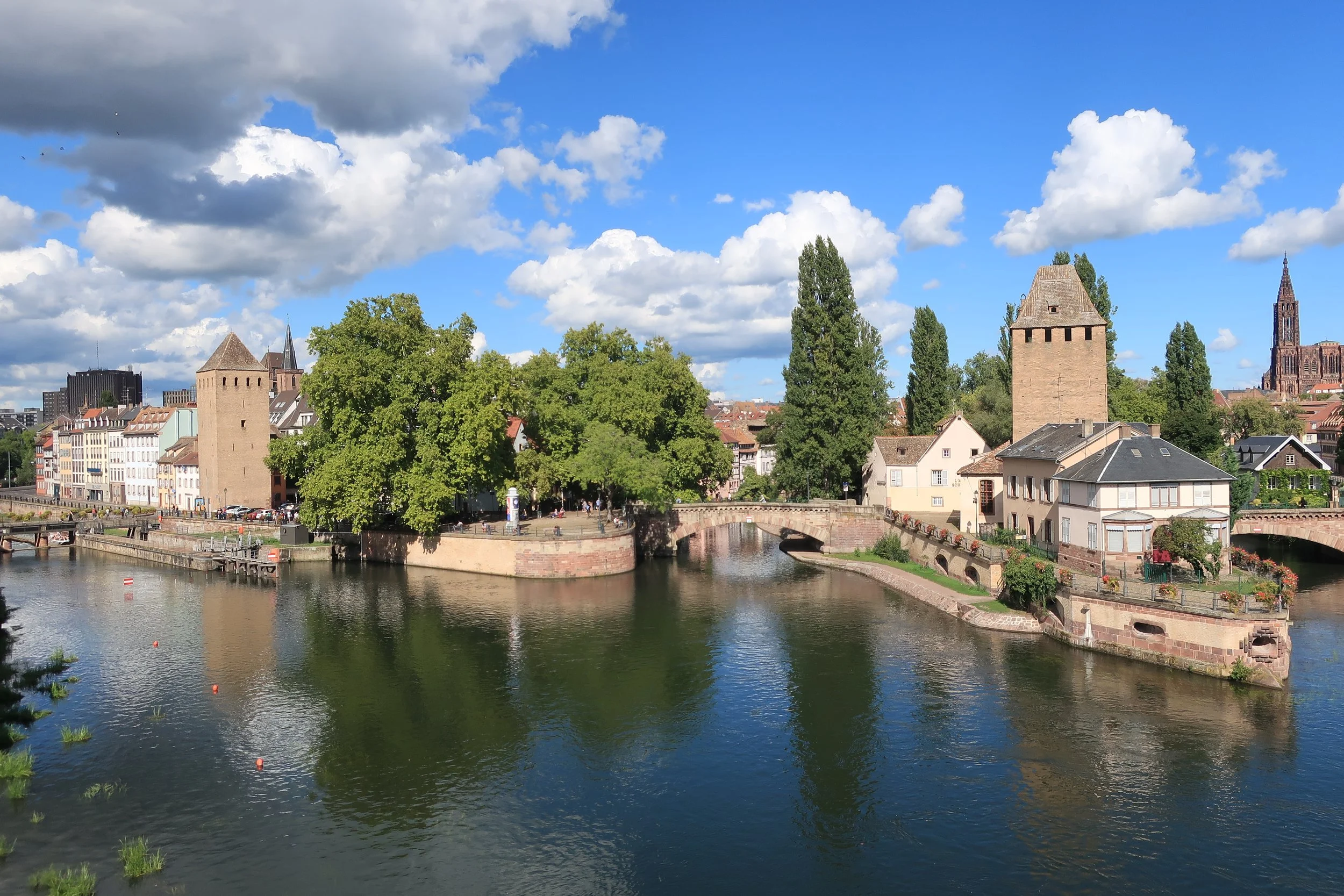  France--Strasbourg 2025--Petite France neighborhood of Strasbourg, from the Barrage (Dam) with the old wall towers and Notre Dame cathedral 