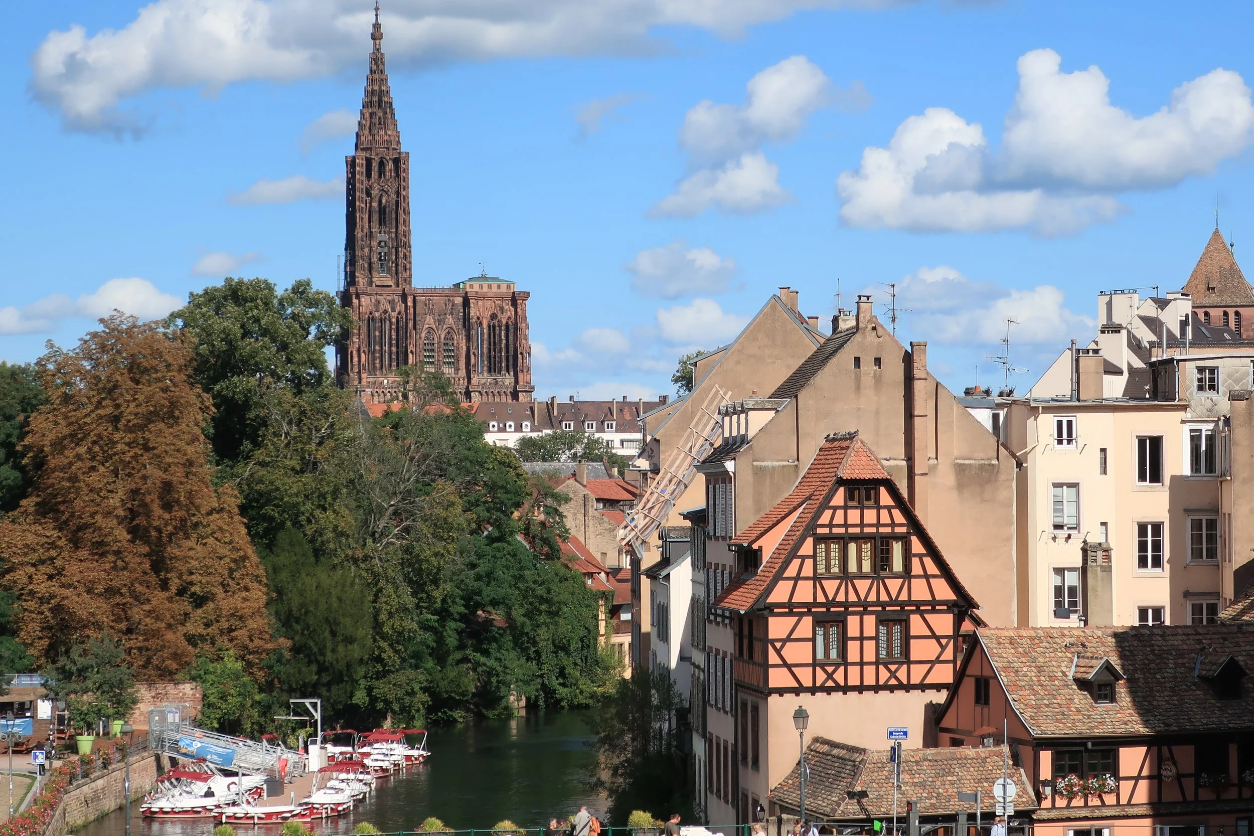  France--Strasbourg 2025--Petite France neighborhood of Strasbourg, from the Barrage (Dam) with Notre Dame cathedral 