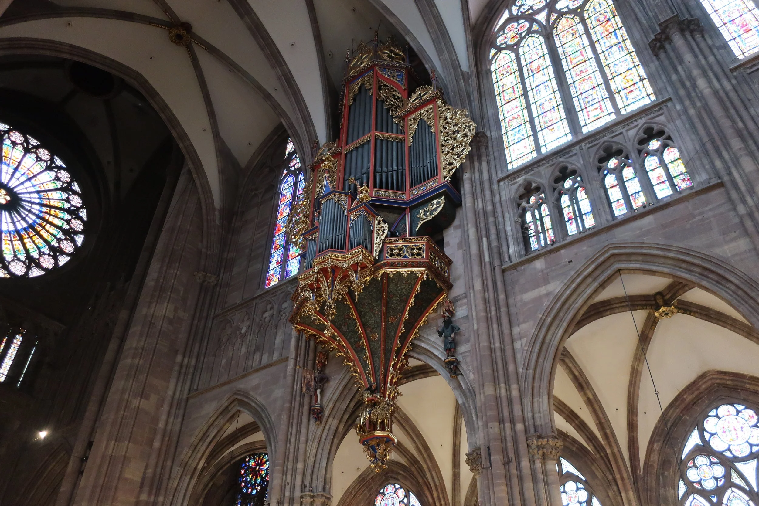  France--Strasbourg 2025--Notre Dame Cathedral, interior, side windows and organ (pigeon nest) 