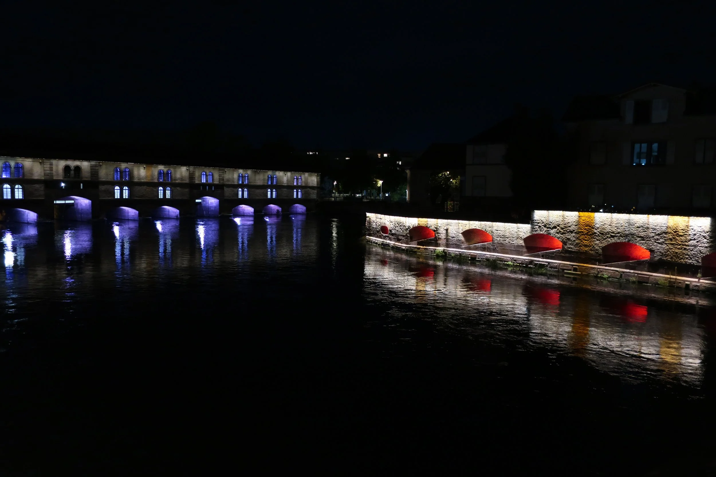  France--Strasbourg 2025--Petite France--Barrage (Dam) and bridge lit up at night 