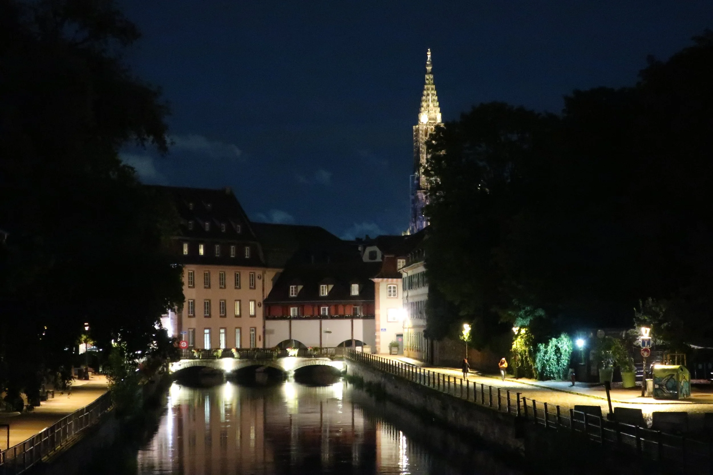  France--Strasbourg 2025--Petite France--Canal at night with Notre Dame 