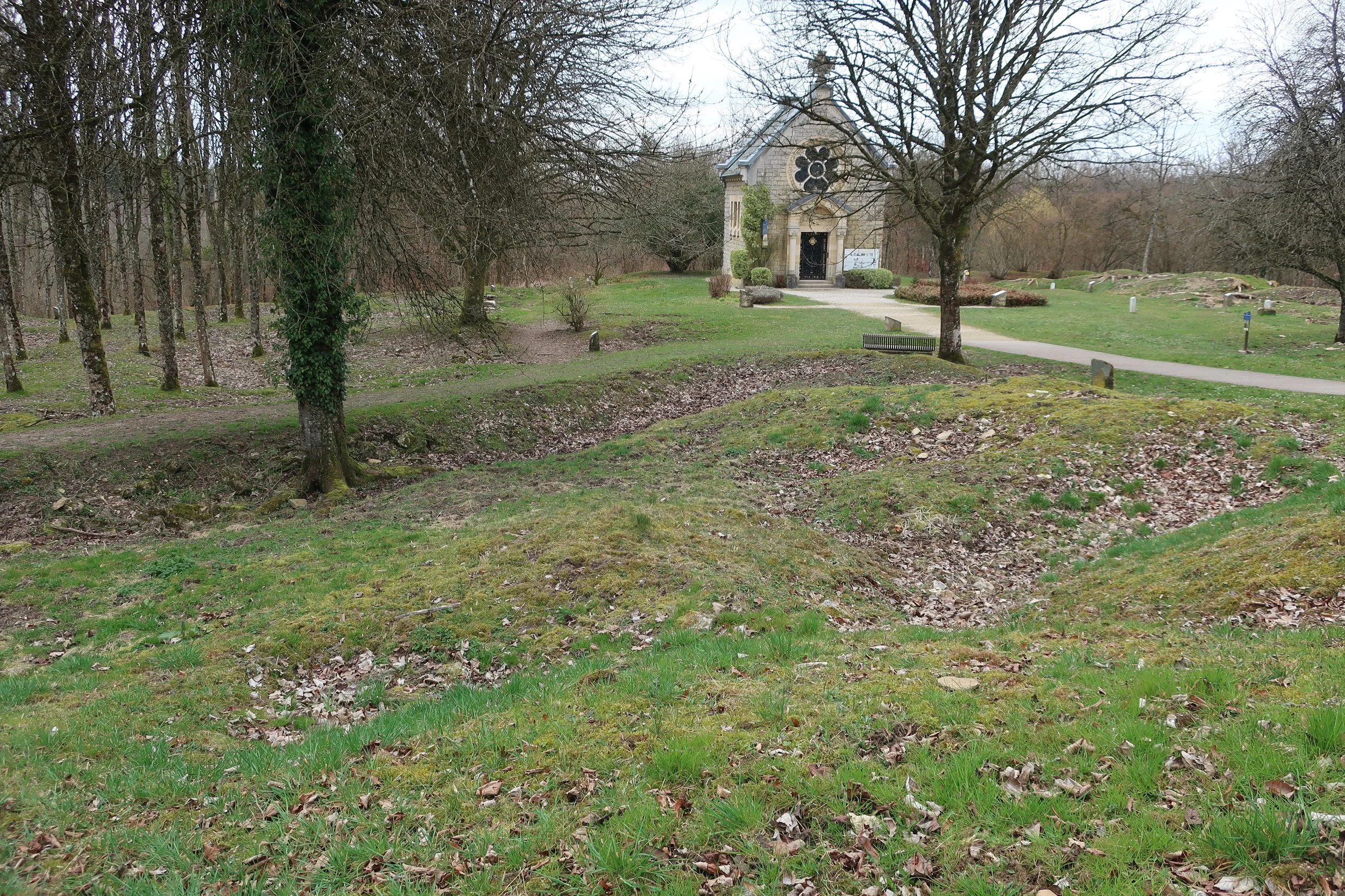  Verdun, France March, 2025--The obliterated town of Fluery, by heavy artilleray (up to 420mm shells).  These are the craters left yet from 100 years ago, with a rebuilt chapel 
