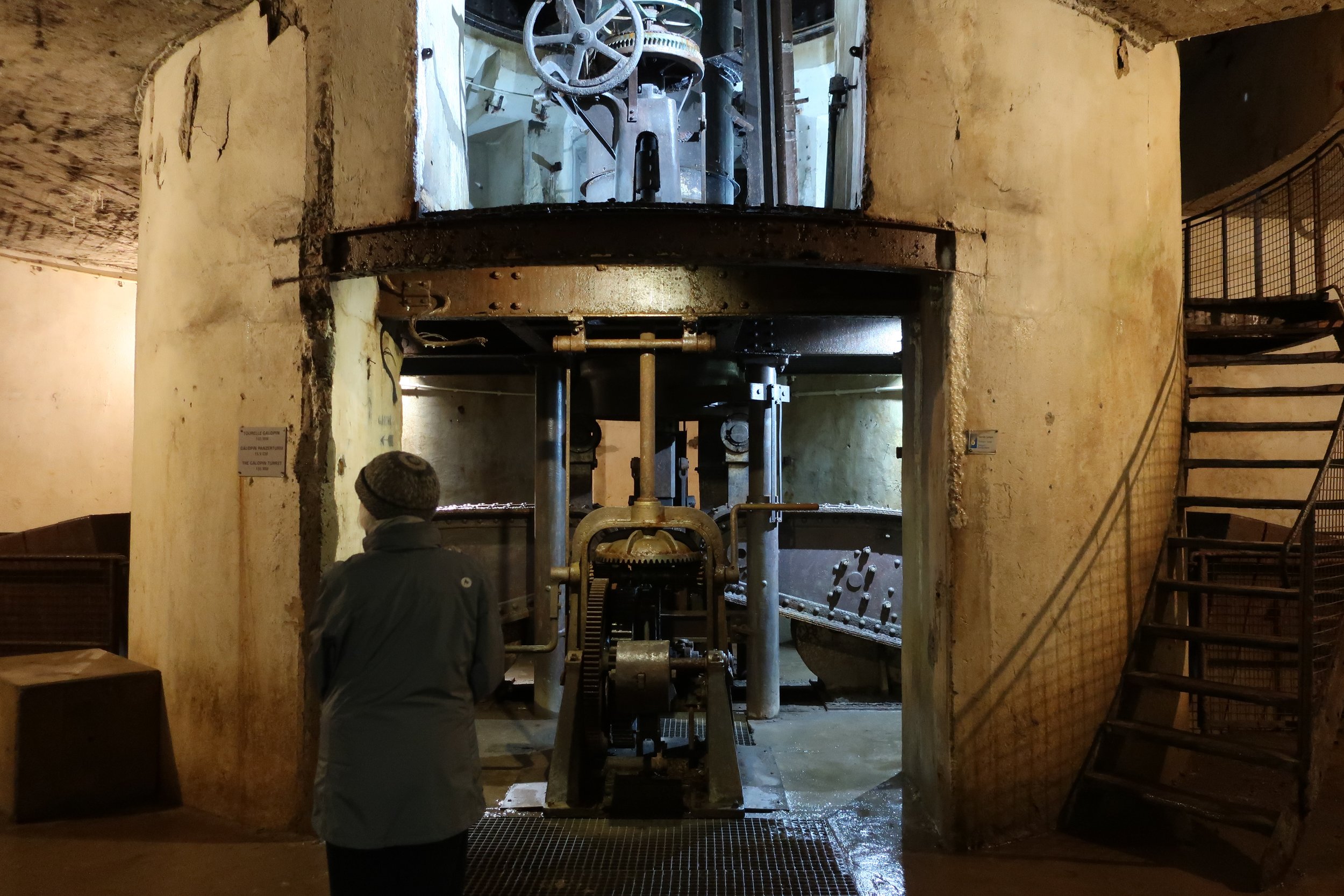  Verdun, France March, 2025--Fort Douaumont interior cannon tower mechanism—It could be raised and lowered in its turret for firing 