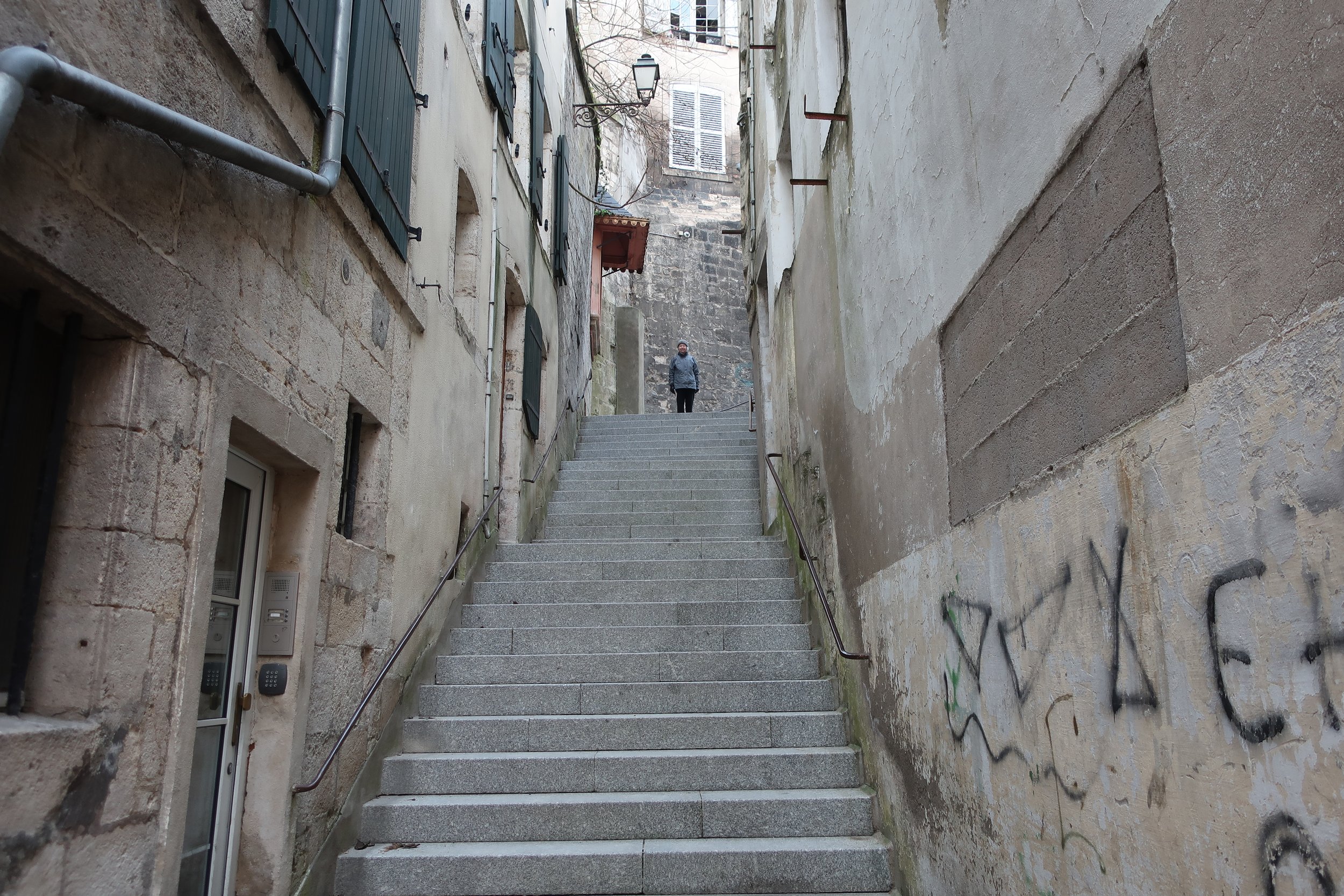  Verdun, France March, 2025--Stairs up to Cathedran Plateau, with Carrol Benner Kindel 