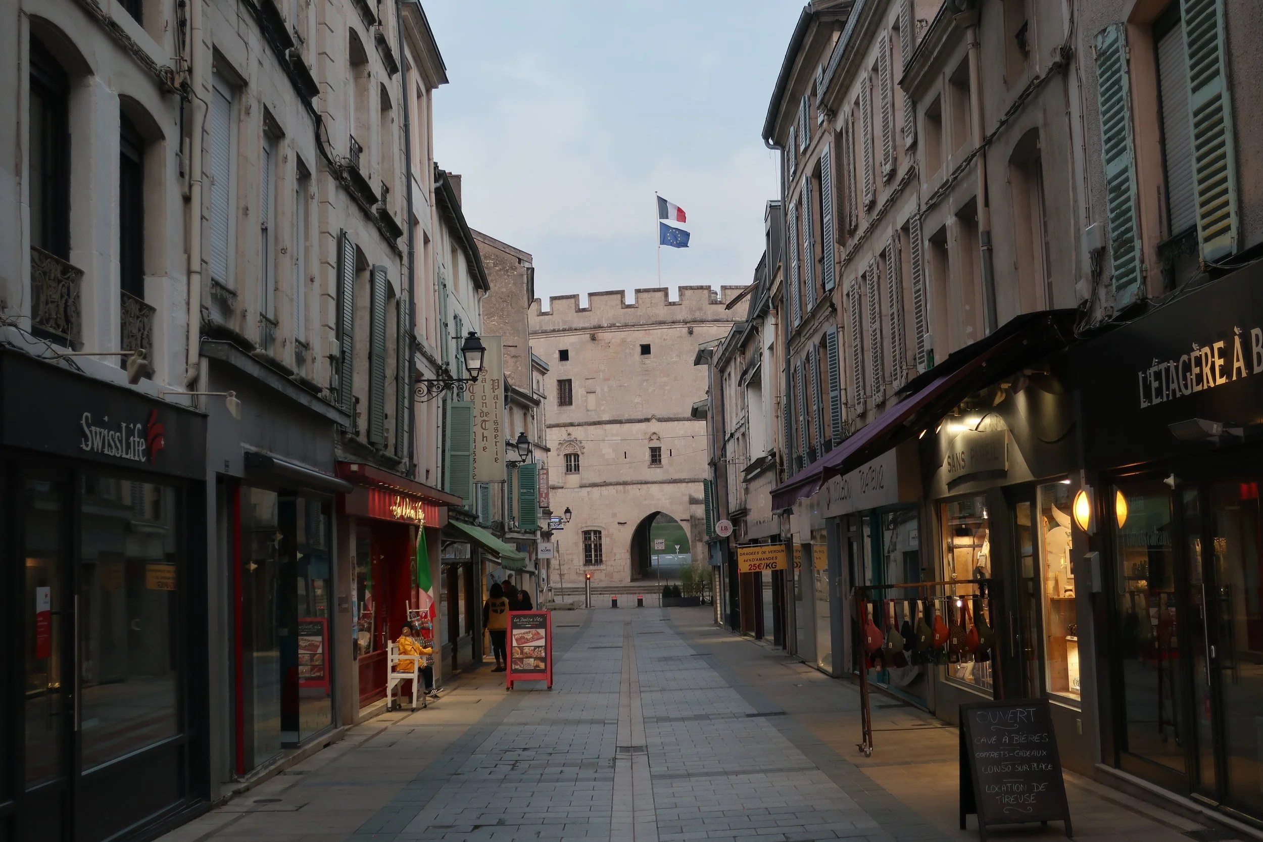  Verdun, France March, 2025--Downtown Port Chausee gate (14th Century) looking towards the Meuse River 