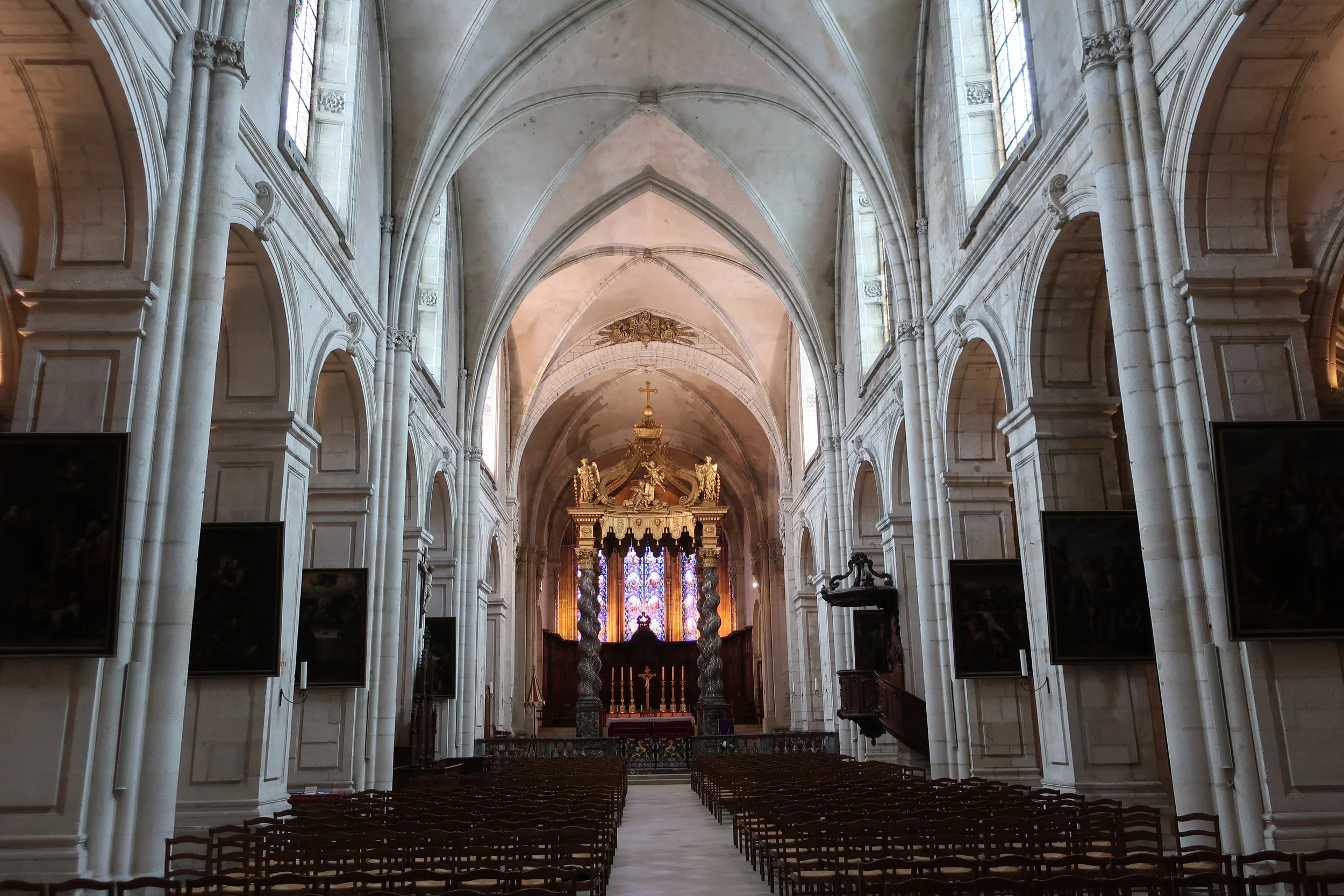  Verdun, France March, 2025--The Notre Dame Cathedral interior, looking towards altar 