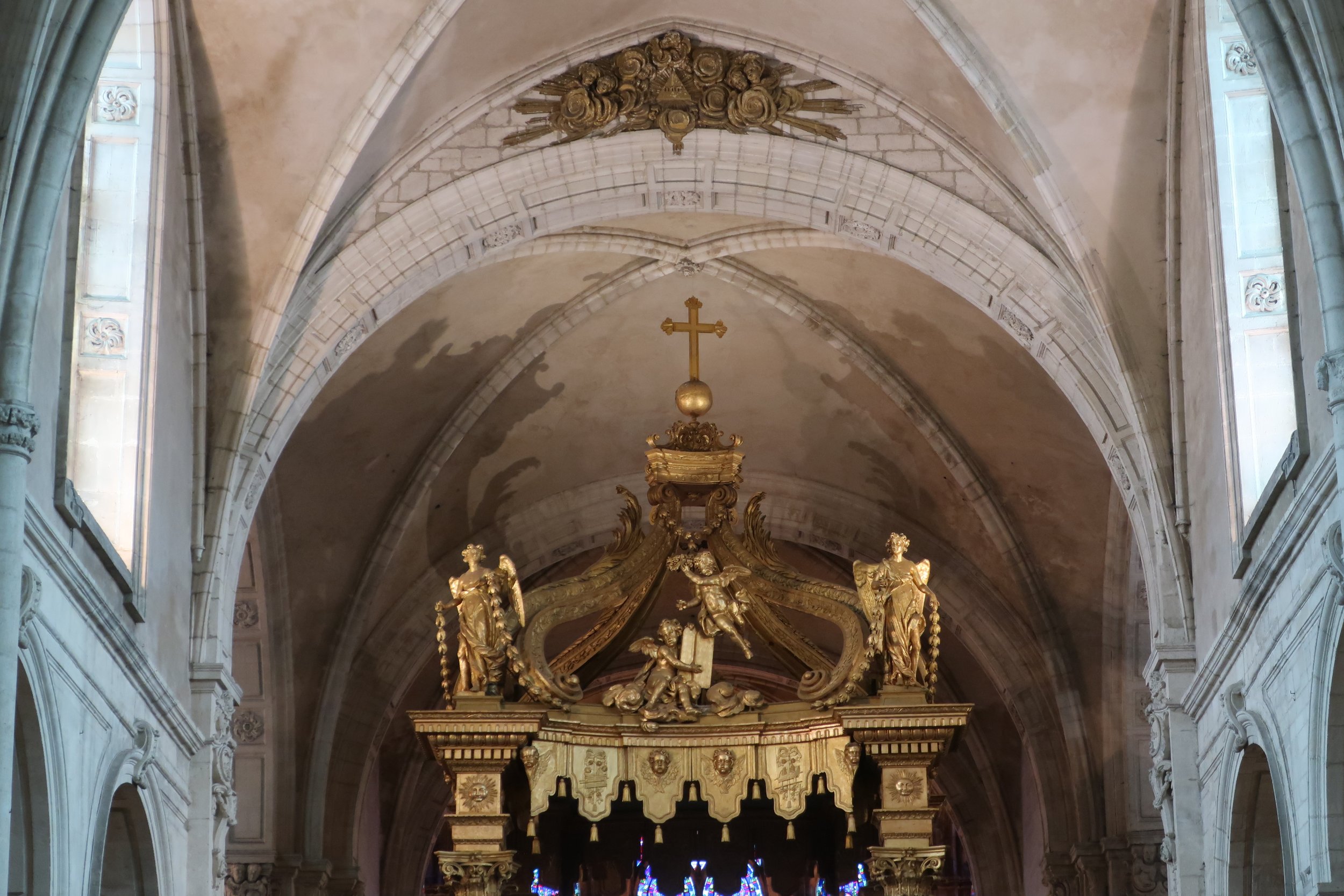  Verdun, France March, 2025--The Notre Dame Cathedral interior, detail over altar 