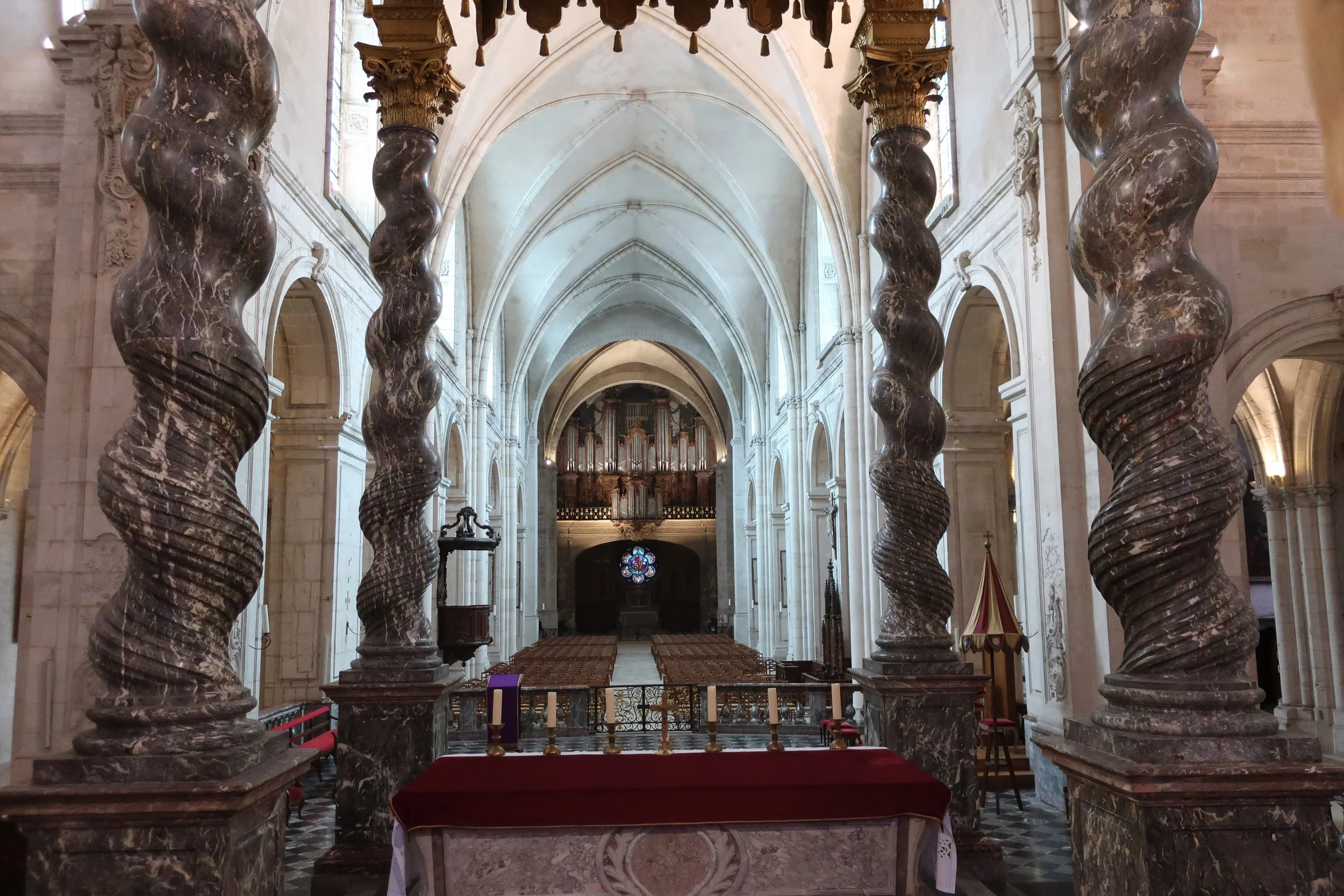  Verdun, France March, 2025--The Notre Dame Cathedral interior, view from behind the altar towards rear 