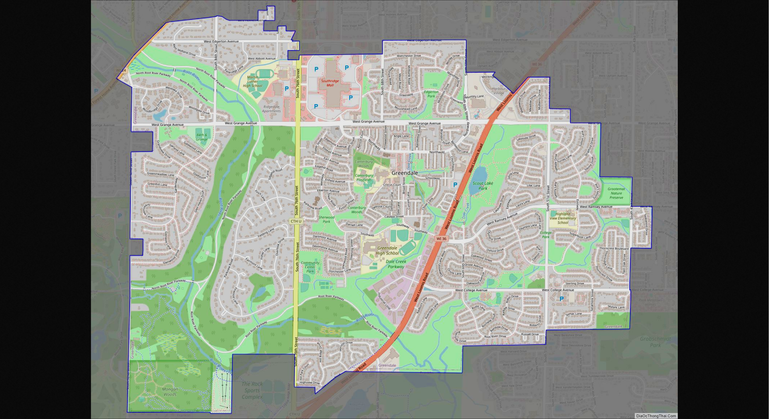   Slide (map):  This is Greendale today with 26000 population. You can see all the Green—these are parks and forest land. We will talk about the original village (point out), which stayed at about 2600 people until after 1951, when it was sold by the