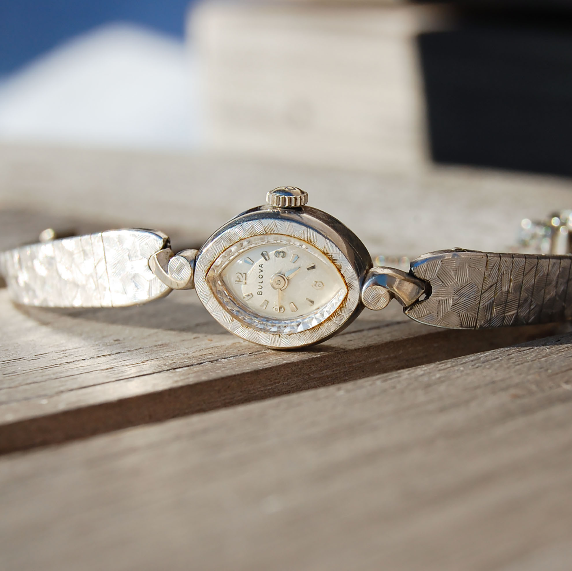 Vintage Bulova Etched White Gold Womens Watch — Lifestyle 