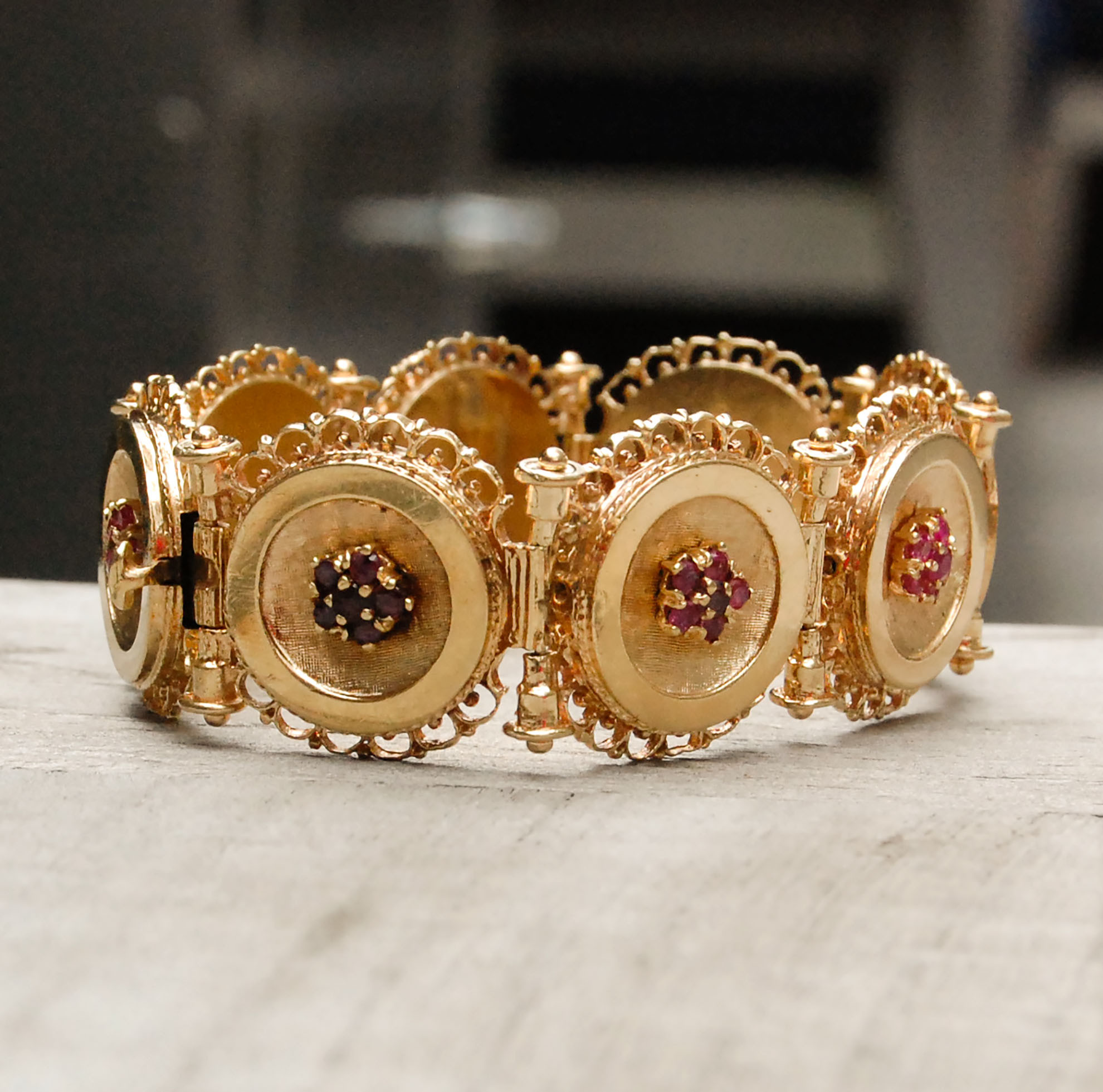 Vintage Gold Ruby Flower Bracelet on Antique Mounting — Lifestyle with Lynn