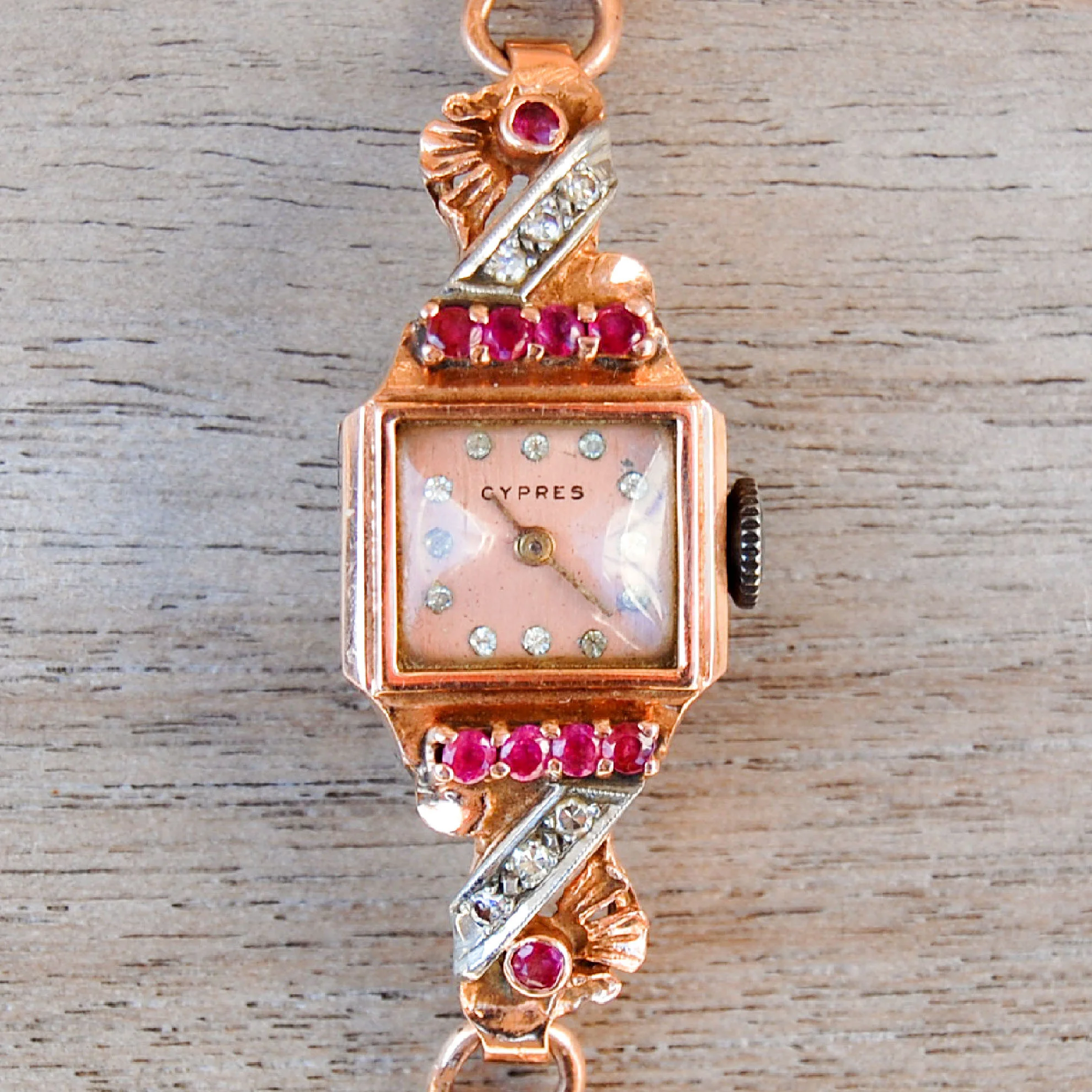 Vintage Rose Gold Cypres Womens Watch with Rubies and Diamonds — Gold