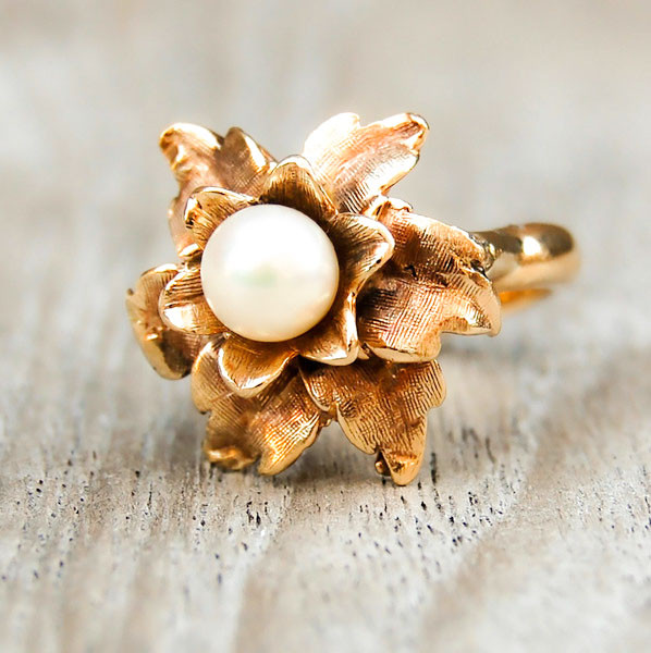 Vintage Gold Flower Ring with a Pearl Center — Lifestyle with Lynn