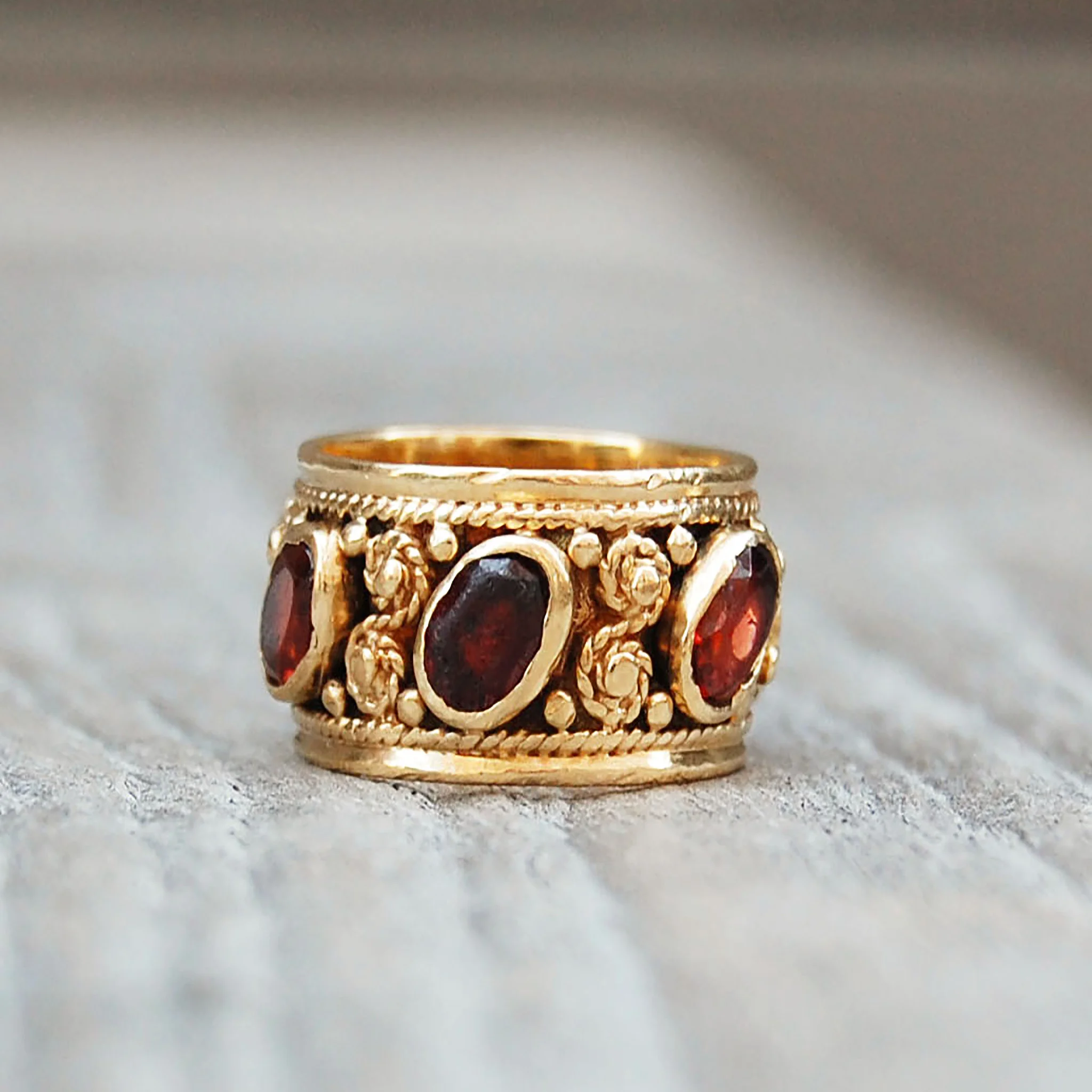 Vintage Baroque Style Gold Ring with Garnet Embellishments 