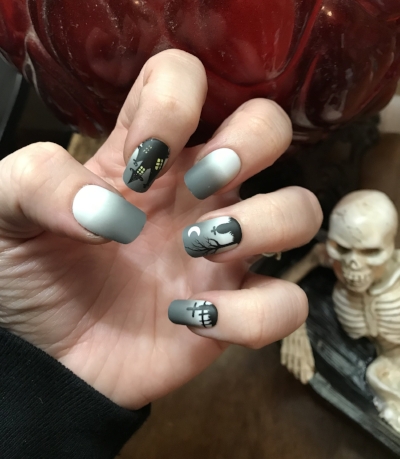 DAY 1 Hey Guys!! So in leu of it being the week before Halloween.. I had to have some fun with this product review! I found these super cute press on nails from Walgreens and decided to wear them this week and see how long they last me!! So far, they have an A+ for looks and comfort. They are a little long for me, but I can dig it. I’m a full time hairstylist so I feel like I’m putting them to the ultimate test