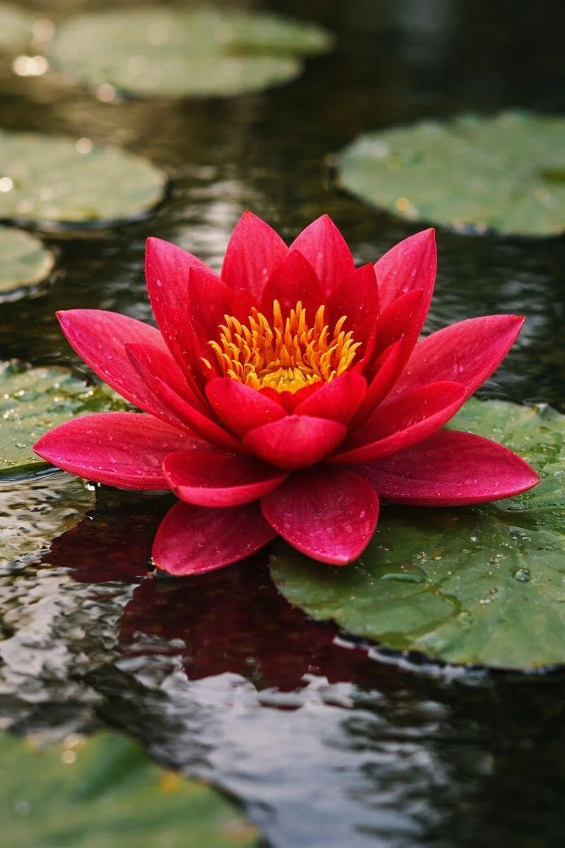 A vibrant red water lily with yellow center floating on a pond with lily pads.