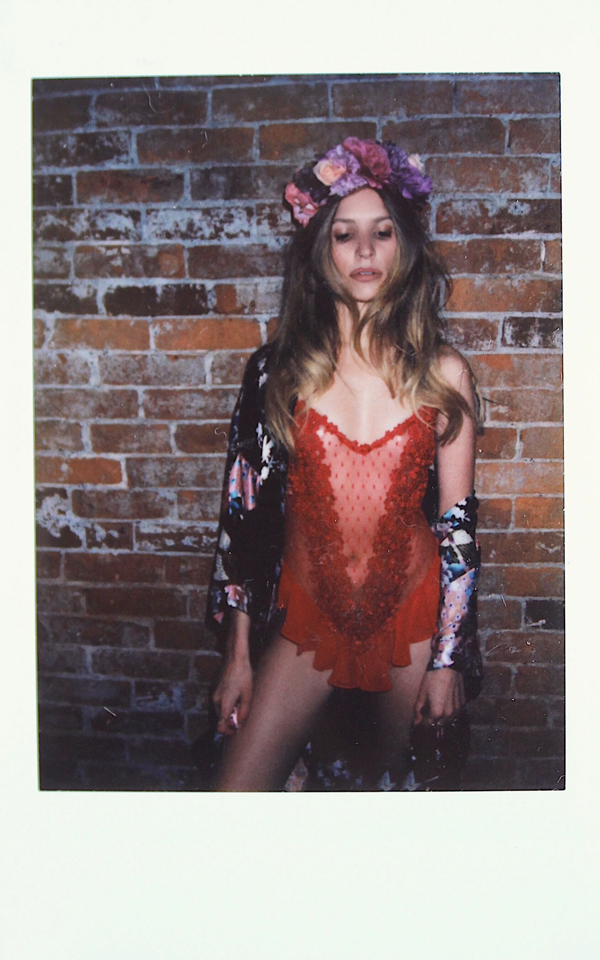 Wearing: Showstopper Teddy by Flora Nikrooz, Flower Crown from Forever 21, Satin Kimono from Hong Kong Markets