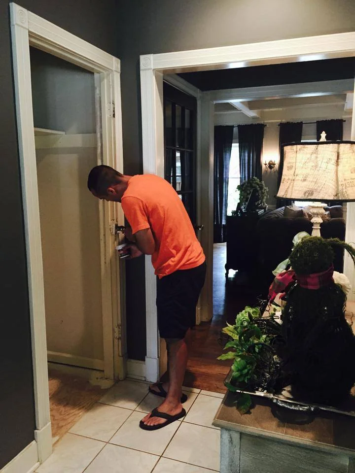 I say, "Hey, babe! Let's turn our entryway closet into a more open concept design!" He says, "No problem!" How I love this man! 