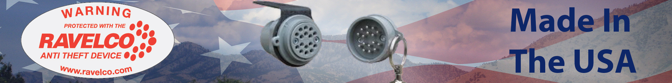 Ravelco window sticker, base and plug over flag and mountains