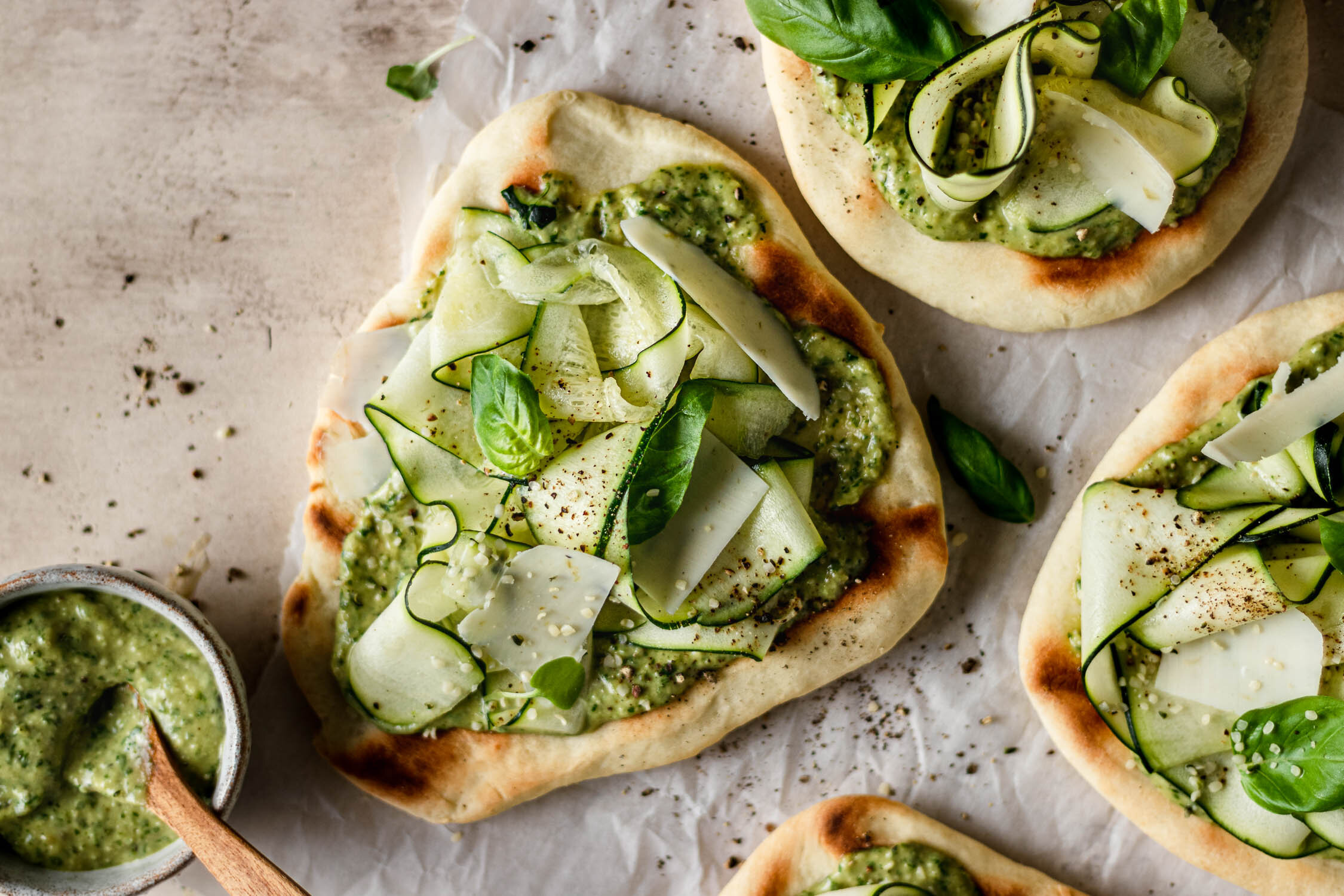 Shaved Zucchini Flatbreads with Roasted Garlic Pesto — Murielle Banackissa