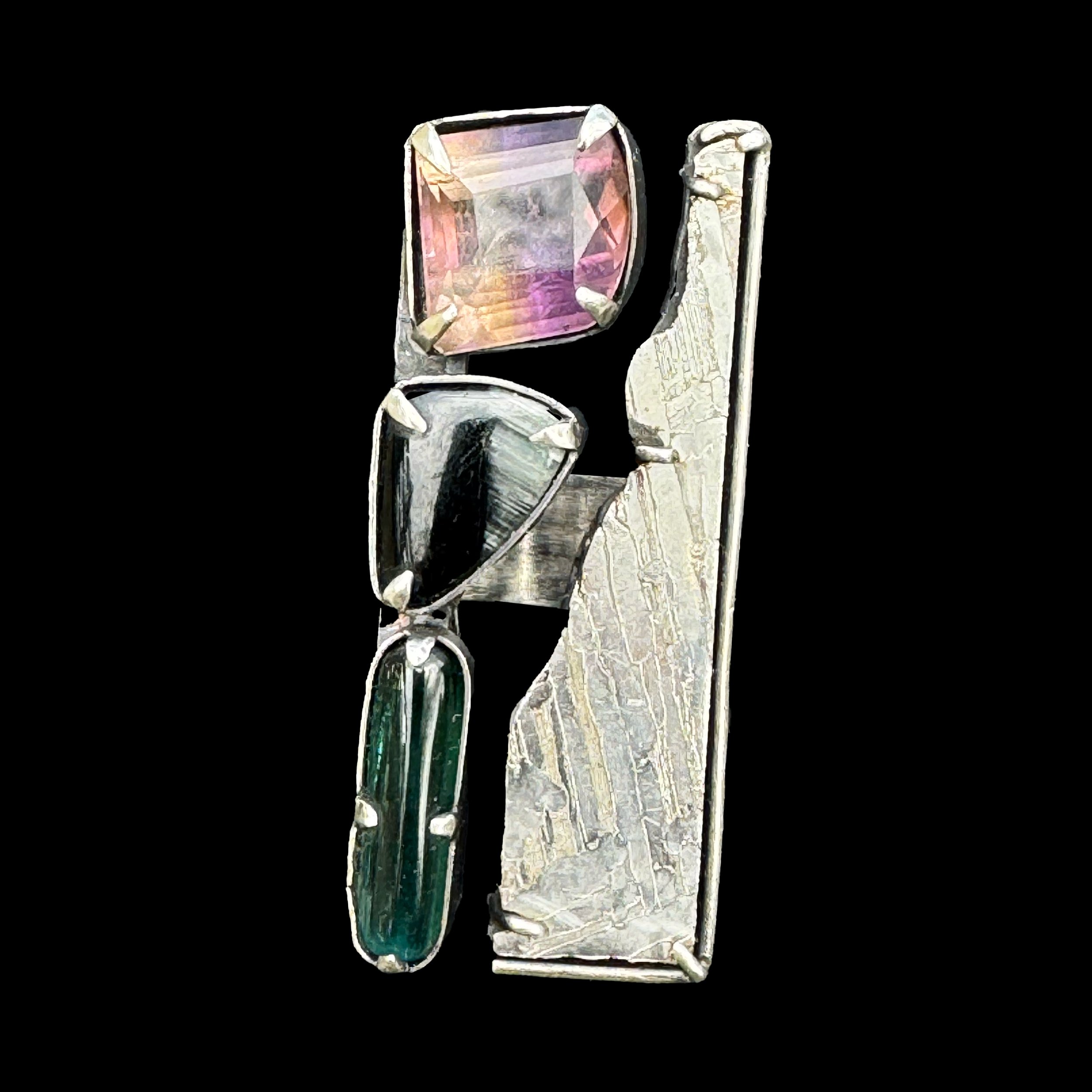 Meteorit, Tourmalines and Ametrine Silver Ring
