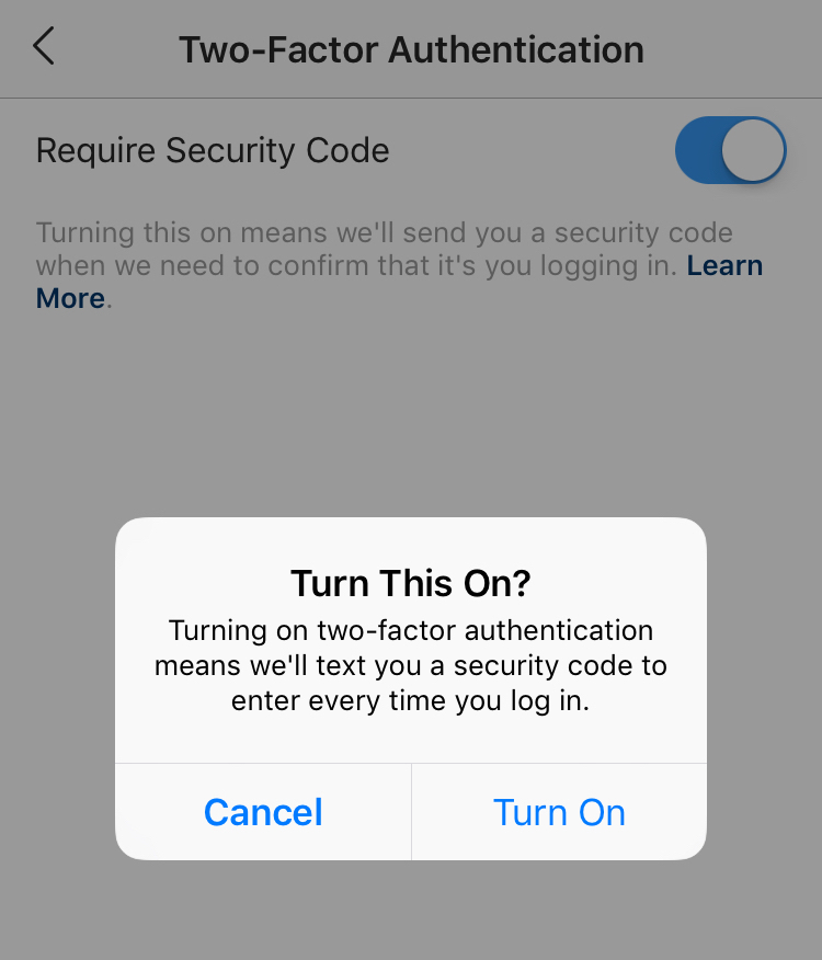 This is what Two-Factor Authentication looks like on Instagram.