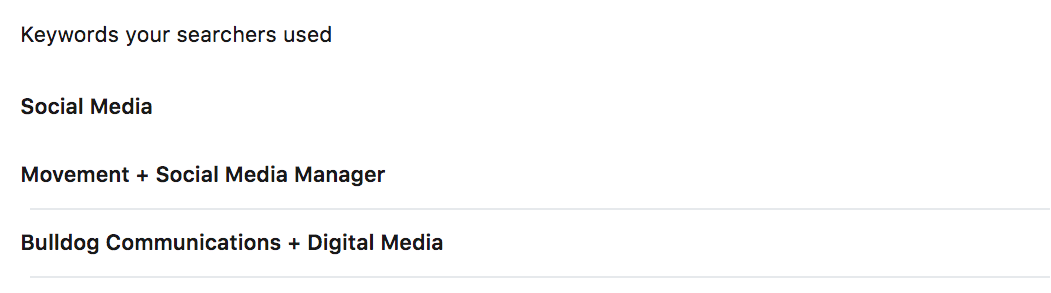 A snapshot of how people are currently finding me on LinkedIn via keywords.