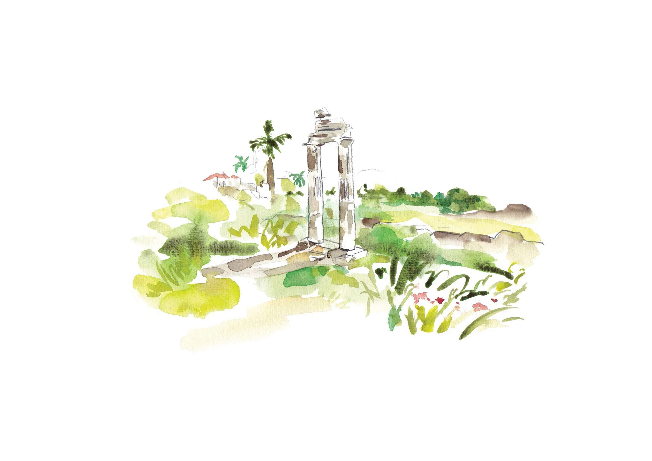 Greek Island watercolour Illustration by artist and illustrator Sarah Hankinson for Wish Magazine