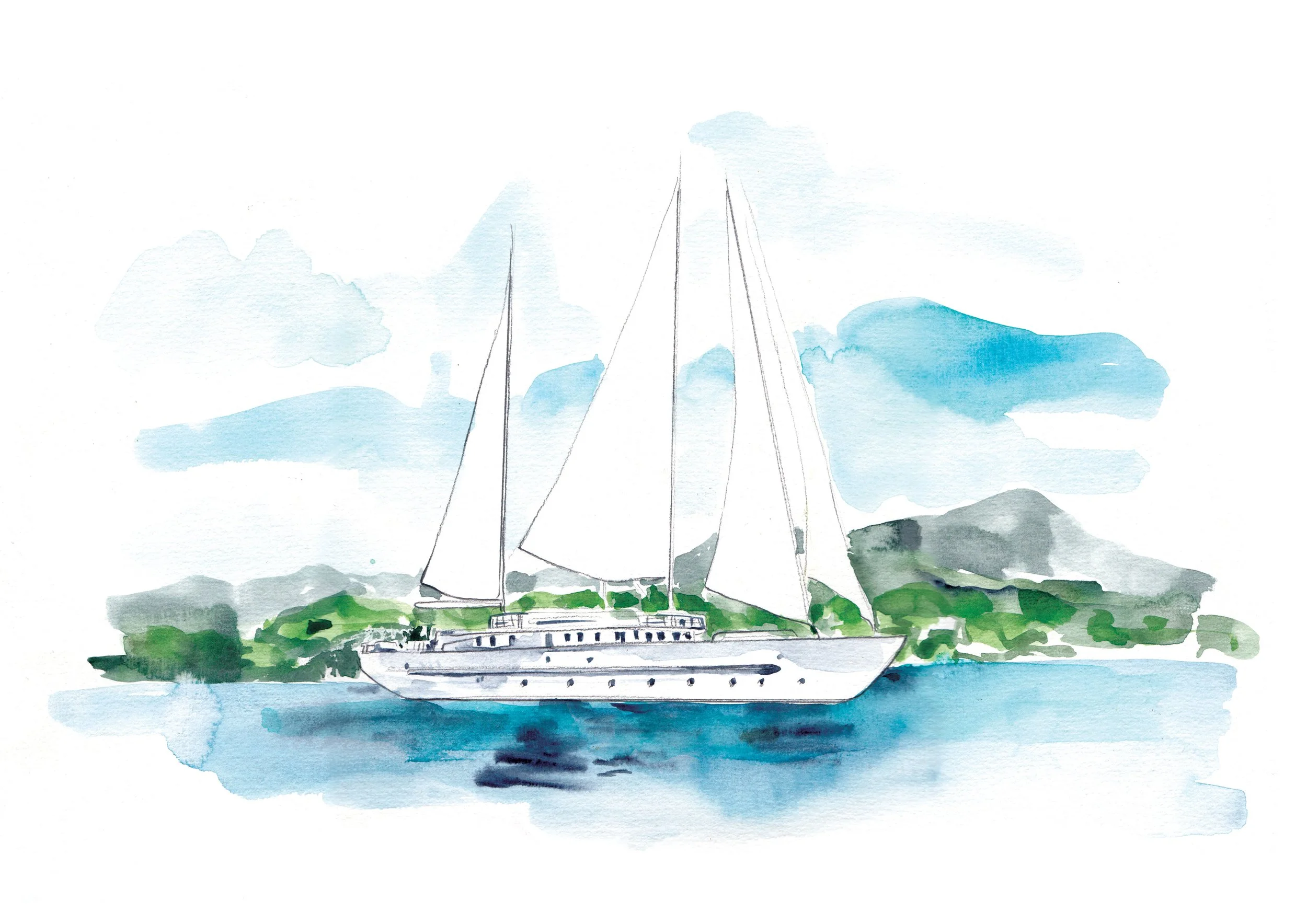 Yacht Watercolour Illustration by artist and illustrator Sarah Hankinson for Wish Magazine