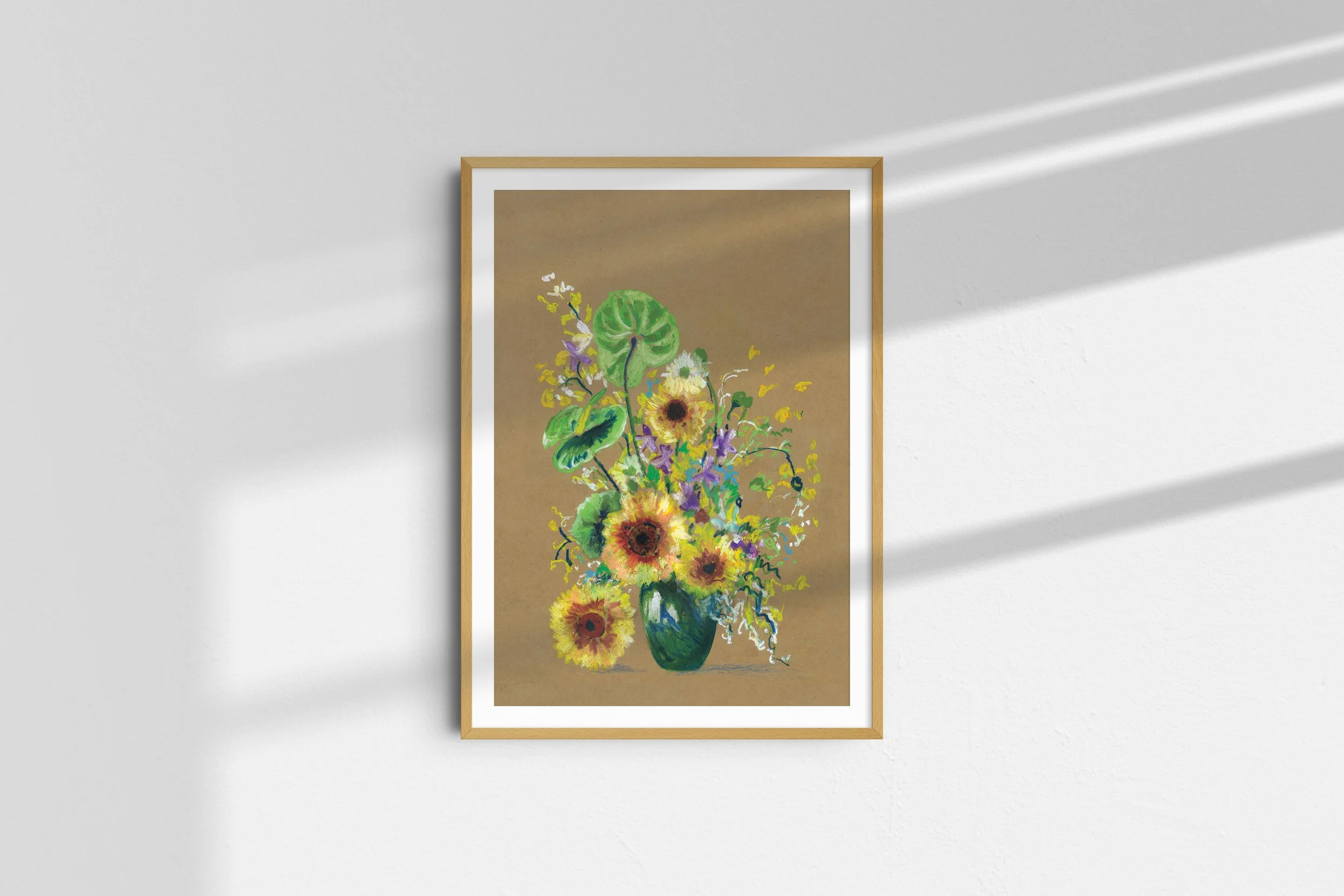 Flamingo Lily and Sunflowers Oil Pastel on Kraft Giclee Print by Melbourne Artist and Illustrator Sarah Hankinson