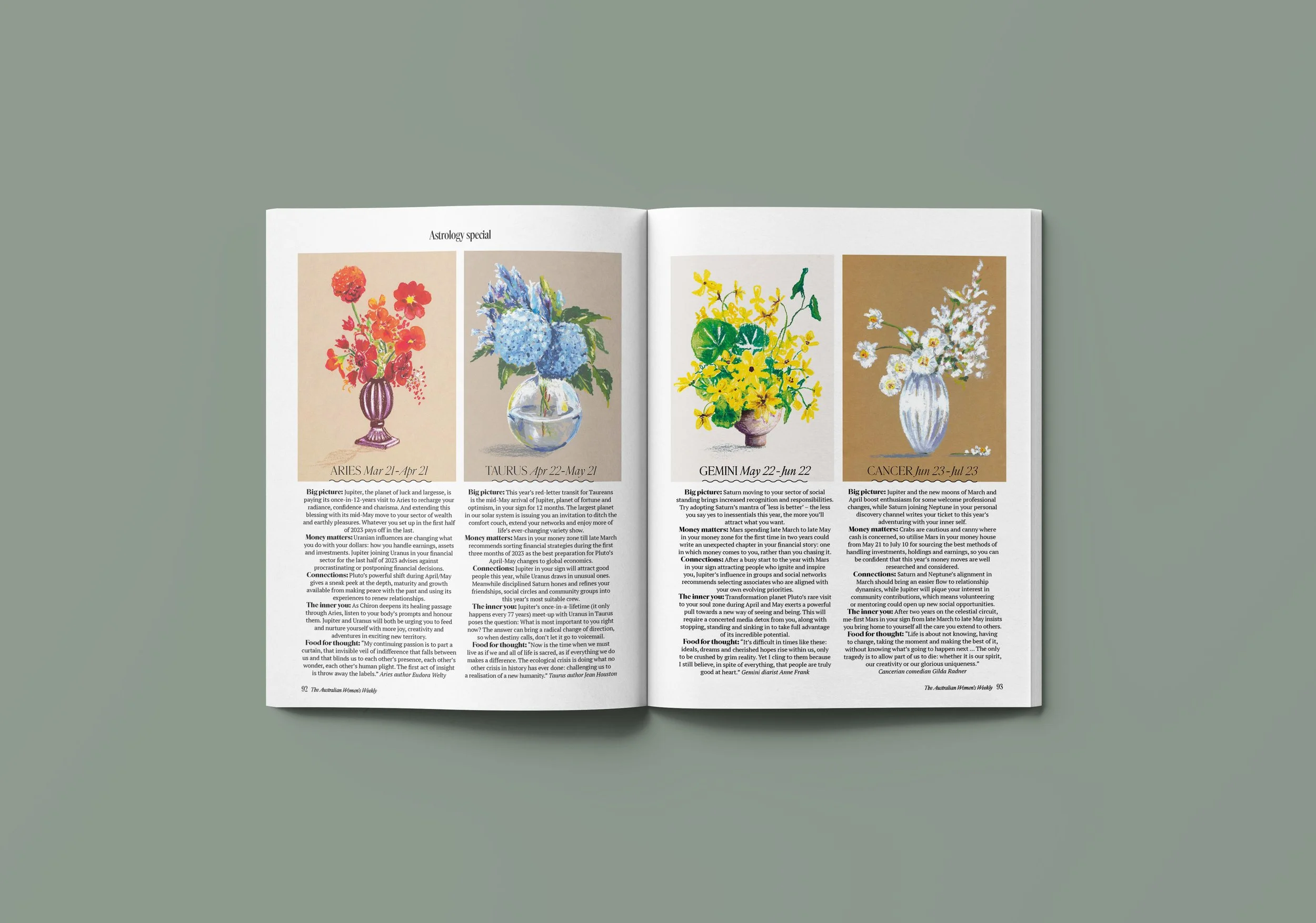 Australian Womans Weekly Horoscope Astrology Editorial Illustration by Melbourne based artist & Illustrator Sarah Hankinson