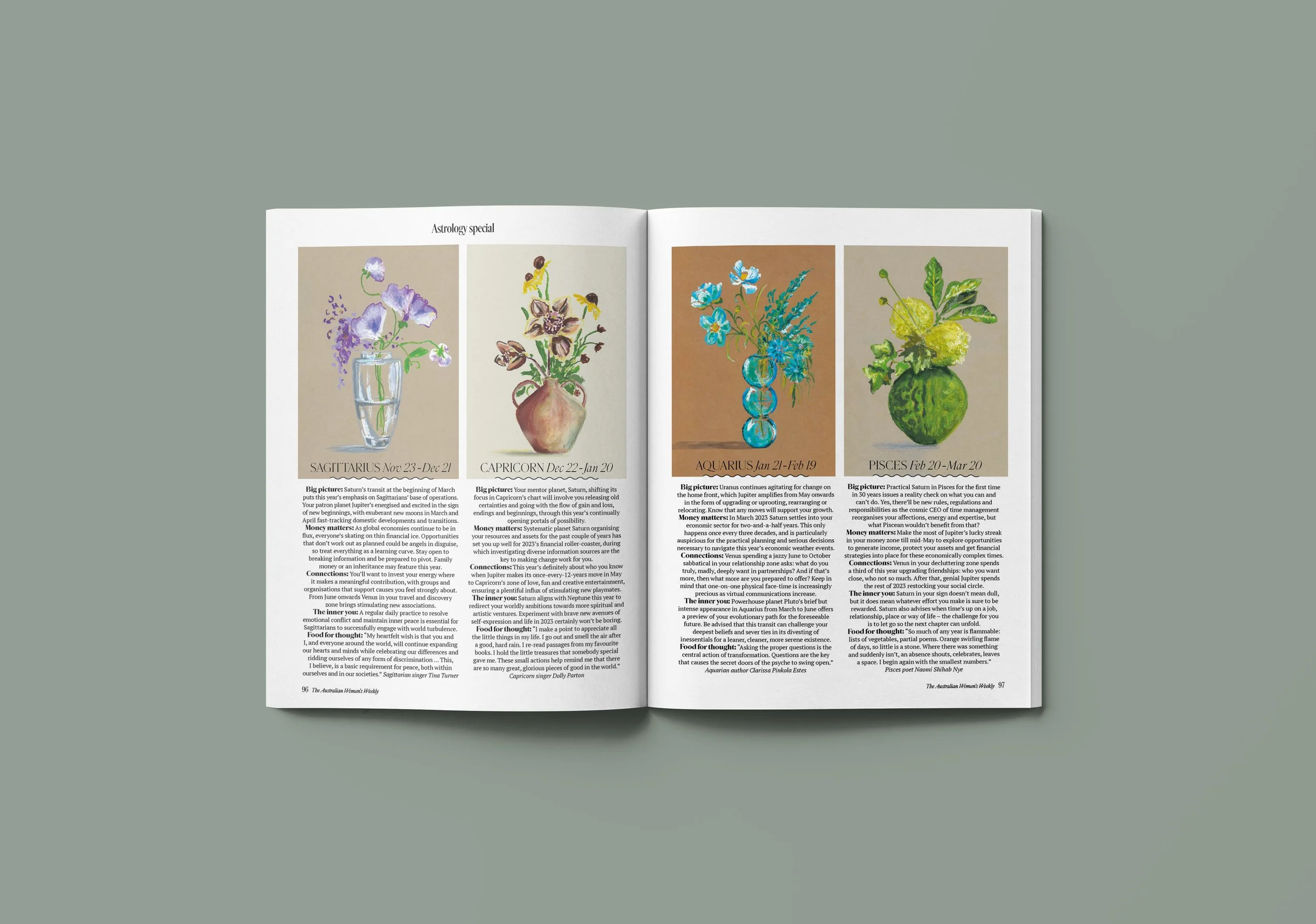 Australian Womans Weekly Horoscope Astrology Editorial Illustration by Melbourne based artist & Illustrator Sarah Hankinson