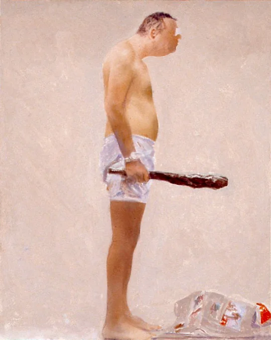 Cro-Magnon with Newspaper Oil and polymer emulsion on panel 10 x 8 inches 2006