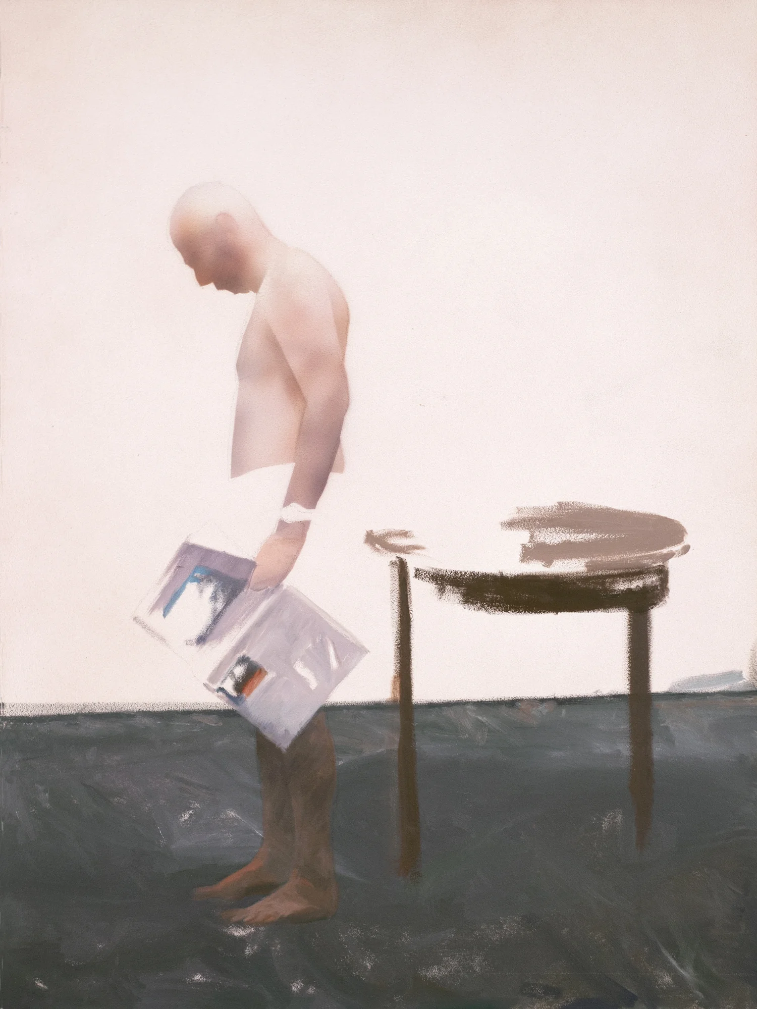 Standing with Newspaper Polymer emulsion and oil on panel 16 x 12 inches 2007