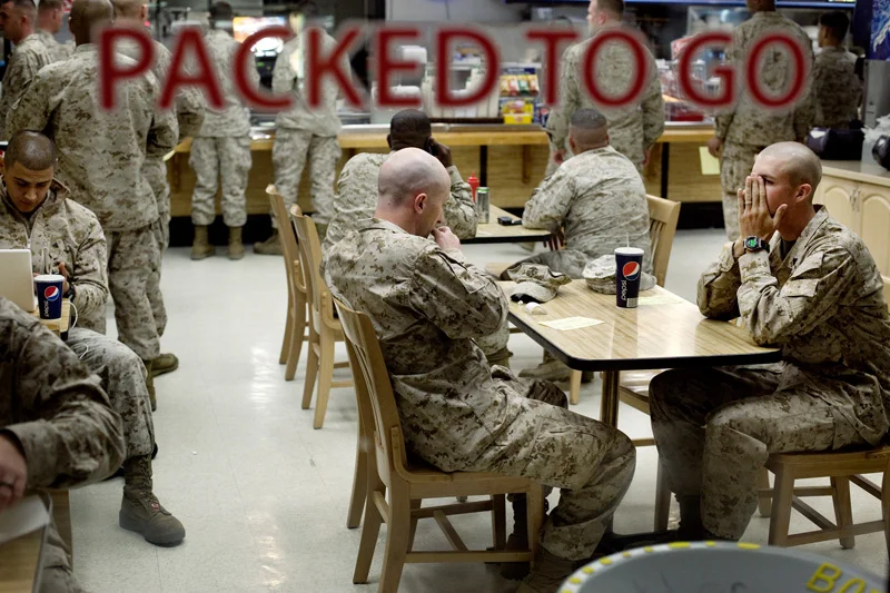  US Marines dine at the Bangor Airport Coffee Shop before boarding their flight bound for Afghanistan where they will spend the next seven to eight months. &nbsp;Soldiers are anxious as they prepare to say goodbye to America. 