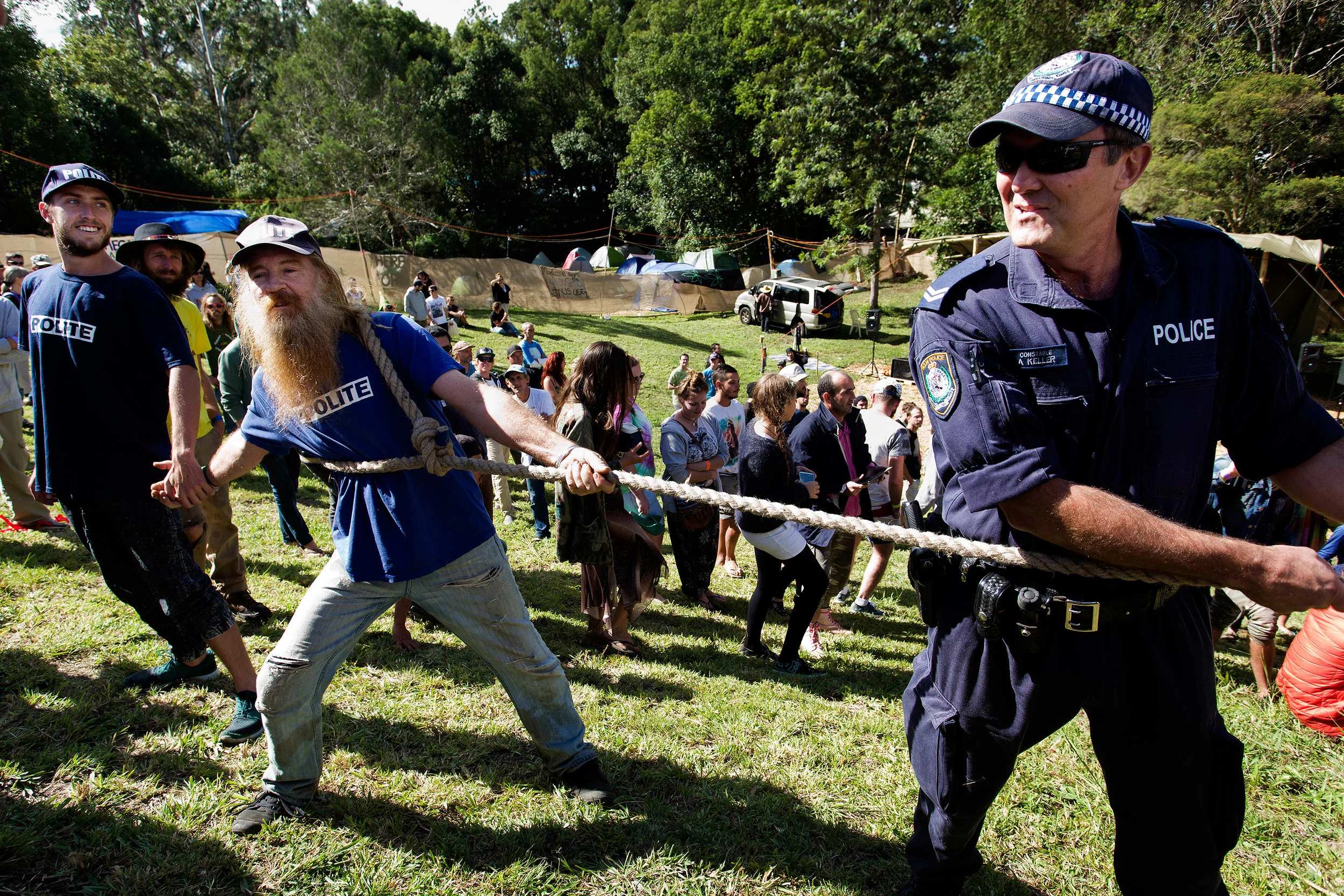  Polite verses Police in the Tug of Peace, Nimbin NSW, Australia. Every year, stoners battle the authorities pulling opposite ends of a hemp rope, symbolic of the fight for cannabis law reform. 