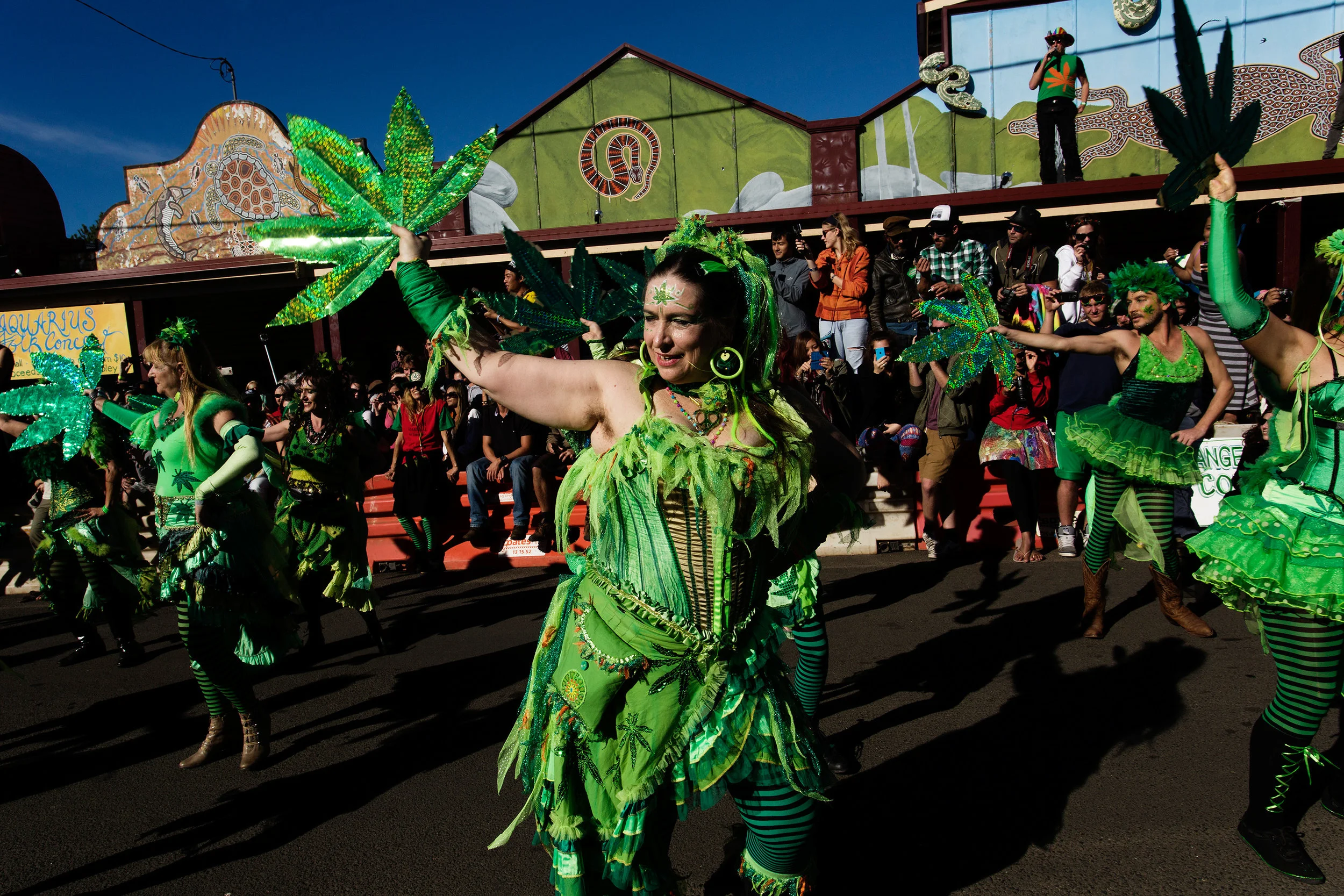  Ganja 'Faeries' and cannabis activists march on Cullen Street, Nimbin NSW, Australia. In March 1993, residents erupted into protest throwing eggs at the police station - a reaction to raids and arrests throughout the 1980’s and early 90’s. This beca