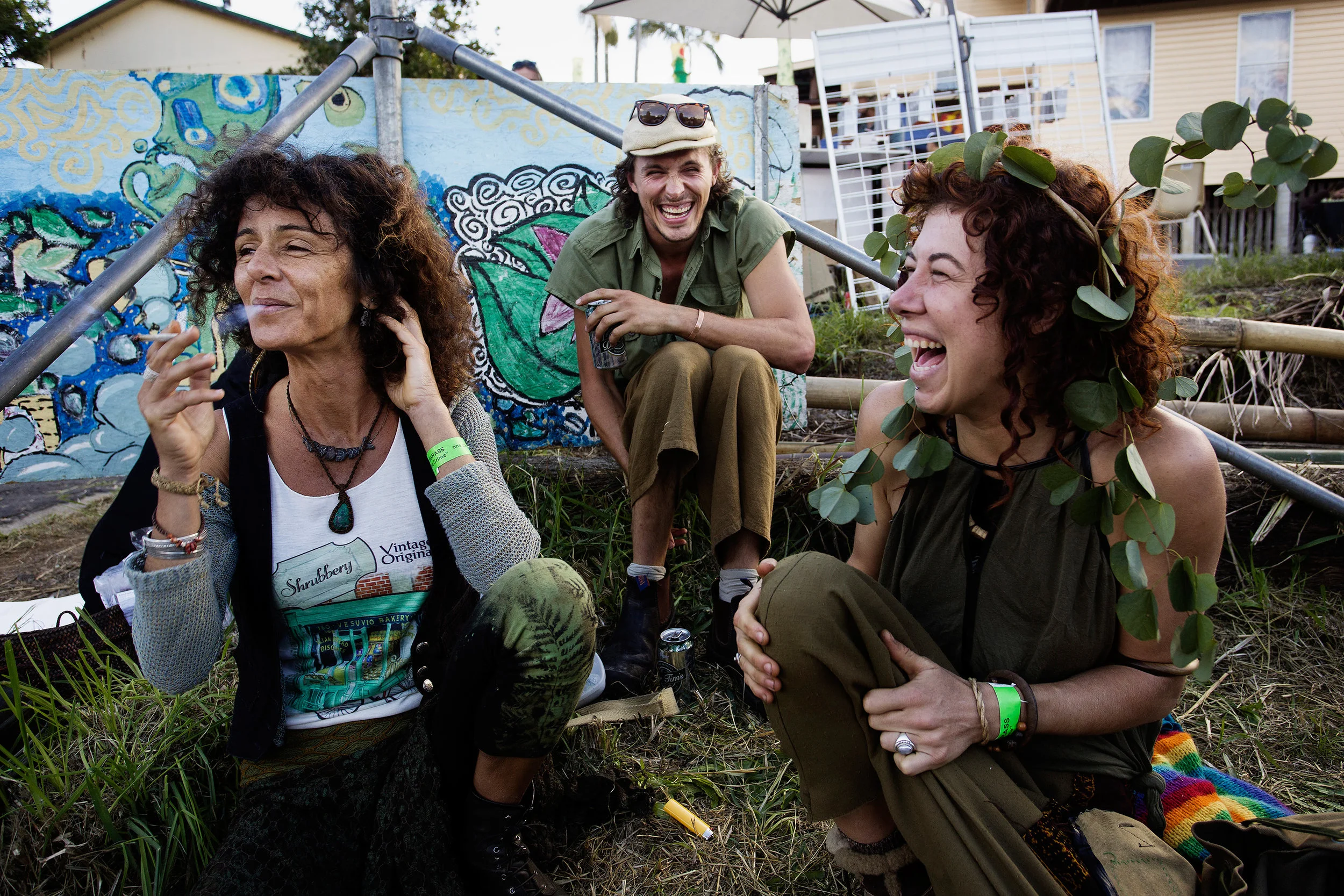  Danieley (left) is from a small hippy commune Bundagen, France, which she describes as being similar to Nimbin. She lives with friends Harry (centre) and Anna (right) in Mullumbimby, NSW. The trio shared a joint and watched the Hemp Olympix in Nimbi