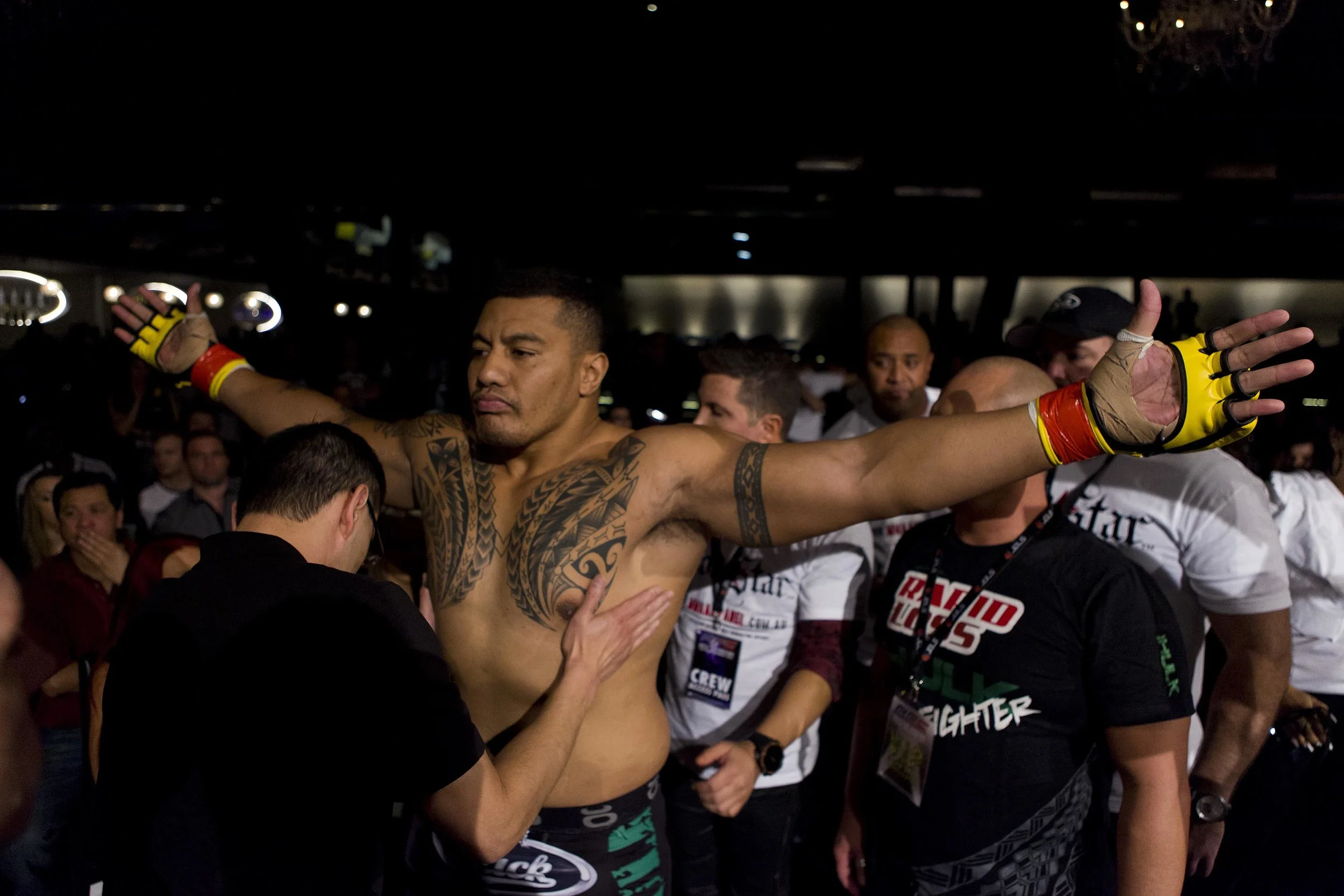  Routine body check for foreign objects on heavyweight Soa Palelei before his fight at the Australian Fighting Championship Melbourne Pavilion, Victoria. 