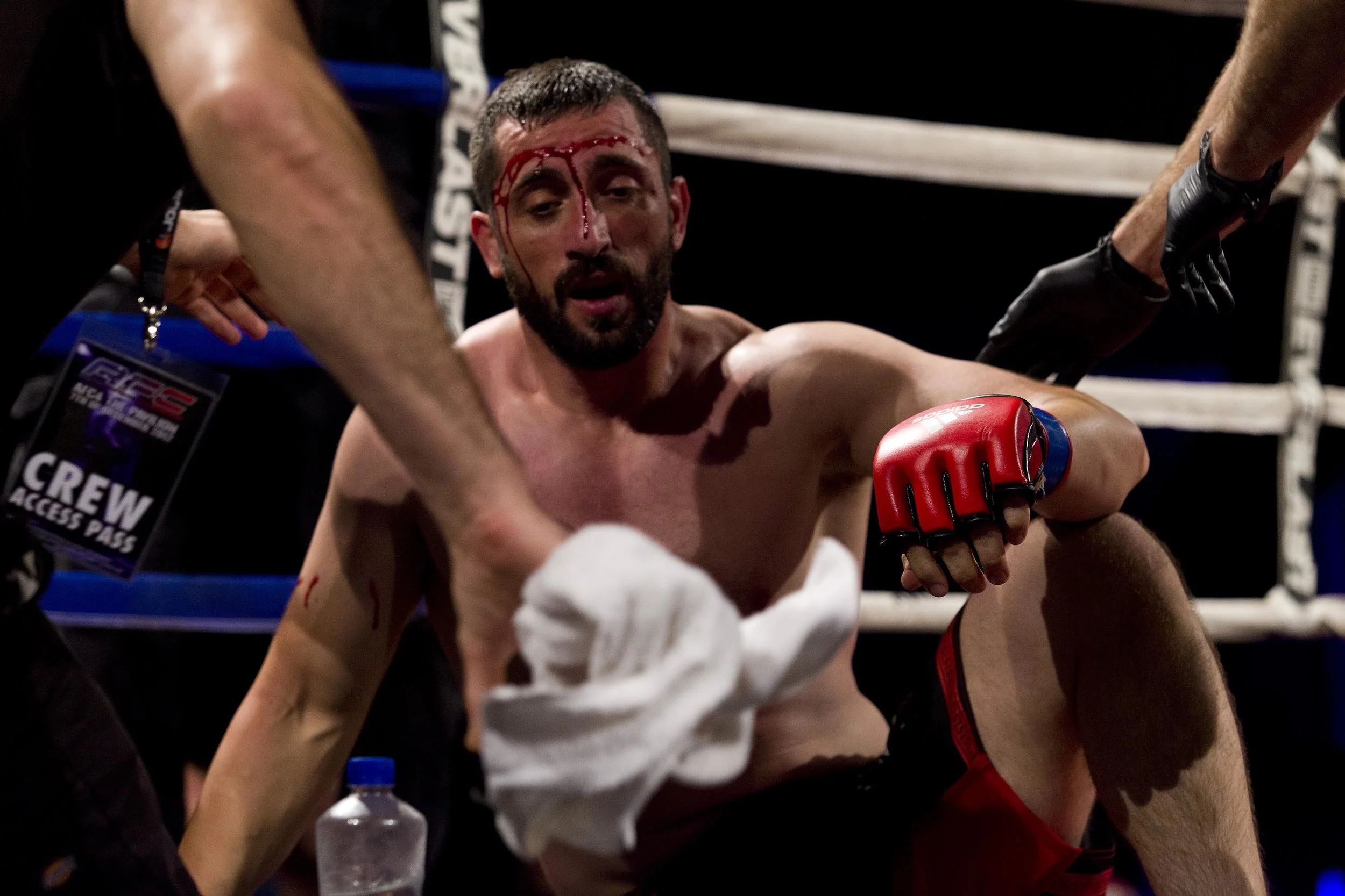  Viktor Grujic struggles after being dealt a blow by Zein Saliba at the Australian Fighting Championship, Melbourne Pavilion, Victoria. 