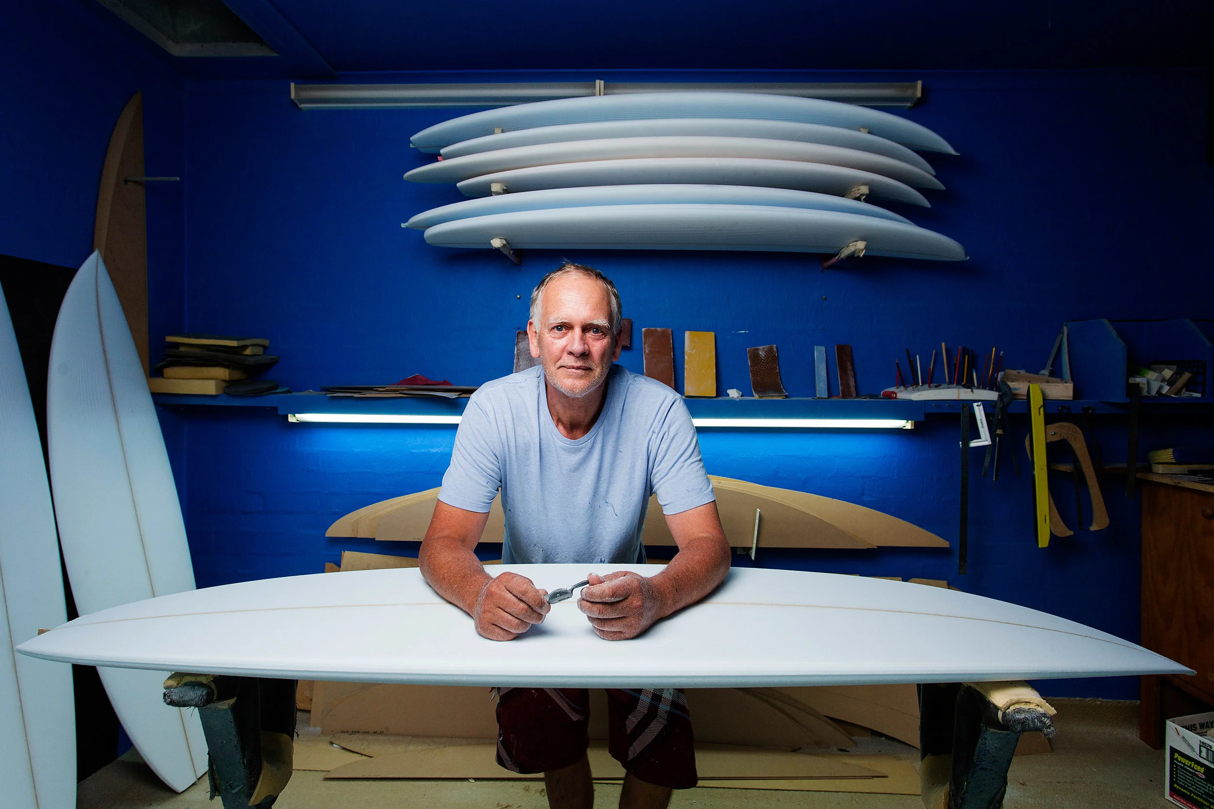  Legendary surfboard shaper Andrew Stump at his workshop in Rye on the Mornington Peninsula near Melbourne. Mr Stump has been making surfboards for 40 years. Photograph for The Guardian.&nbsp; 