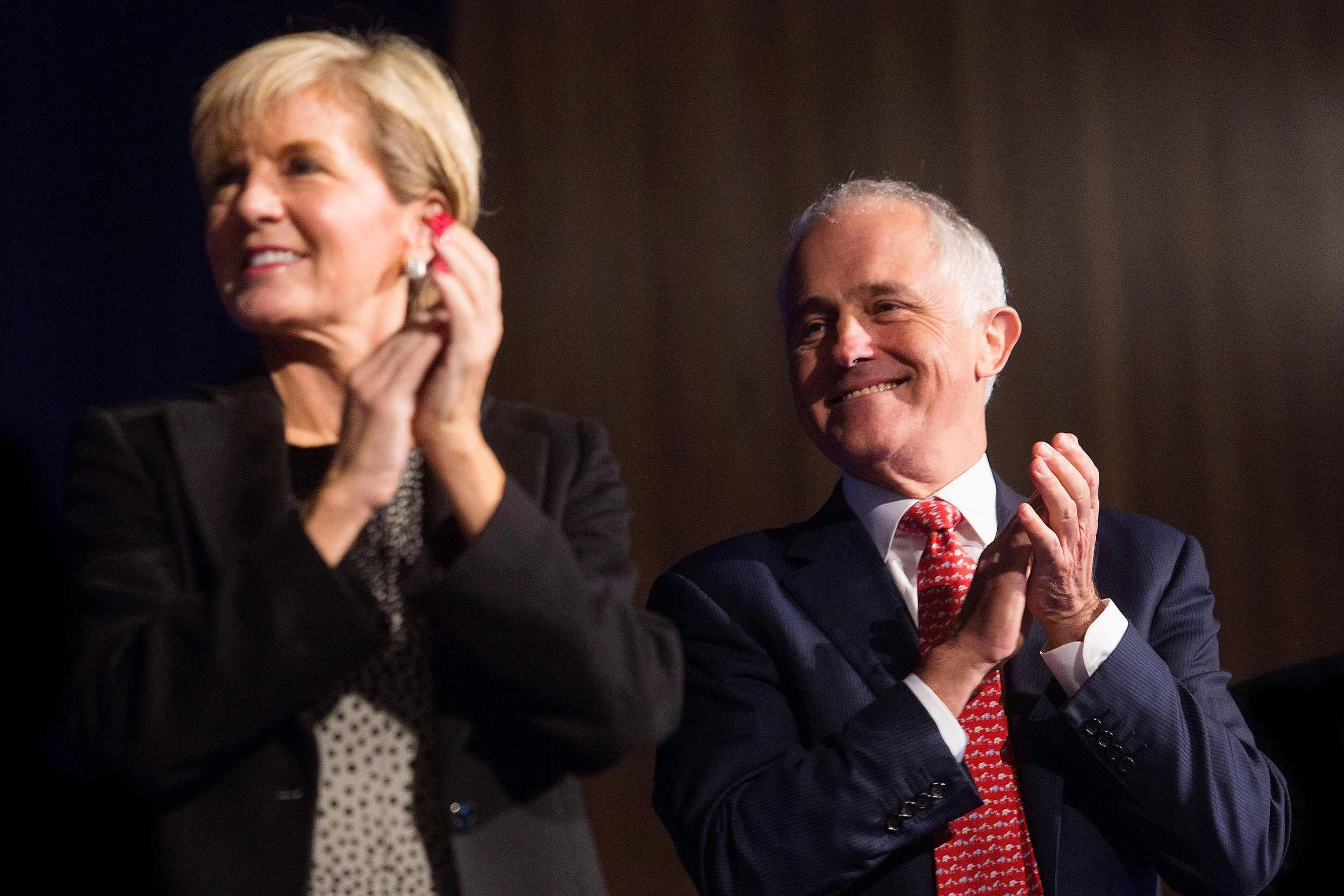 Foreign Affairs minister Julie Bishop and Prime Minister Malcolm Turnbull at the Liberal Party State Council, Melbourne Convention and Exhibition Centre.
